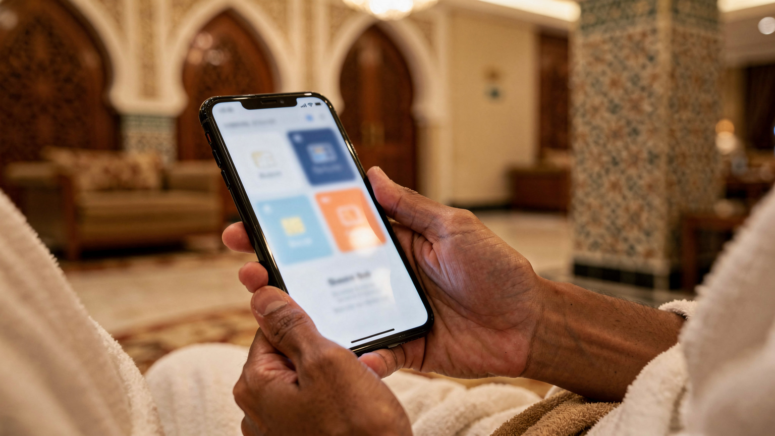 Tangan seorang jemaah Malaysia sedang membandingkan pelbagai pakej eSIM di skrin telefon pintar di lobi hotelnya di Madinah.