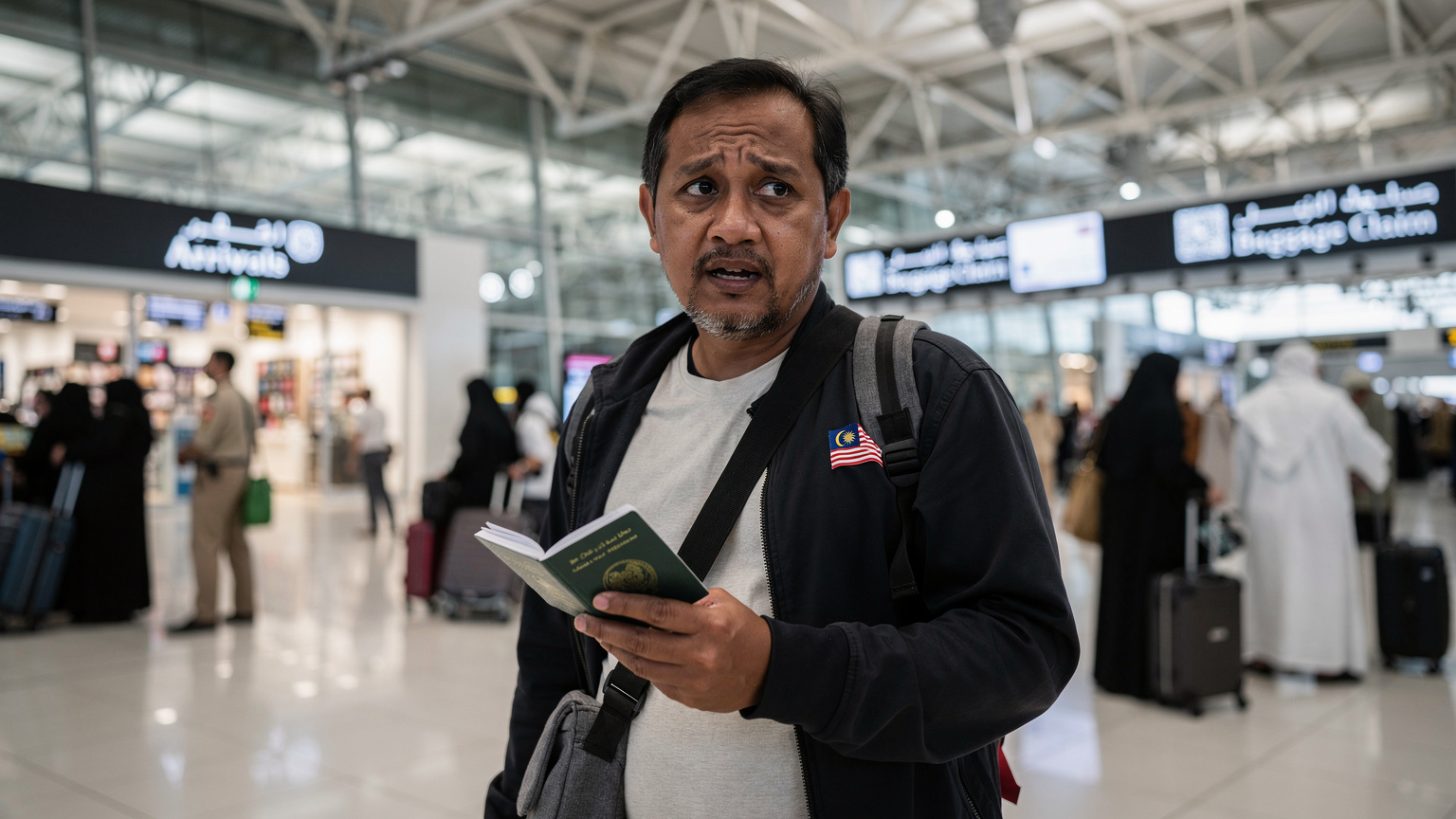 Seorang jemaah Malaysia sedang melihat-lihat kedai telekomunikasi di terminal ketibaan Lapangan Terbang Antarabangsa Raja Abdulaziz (KAIA), Jeddah, sambil memegang pasport.