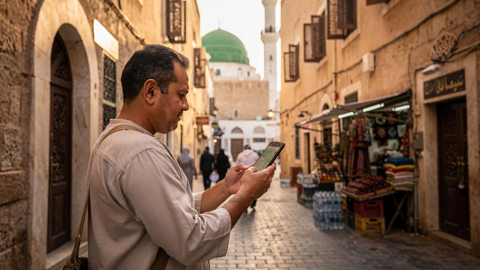 Seorang jemaah Malaysia sedang menggunakan aplikasi peta di telefonnya untuk mencari arah ke Masjid Nabawi di Madinah, dengan latar belakang bangunan-bangunan lama Madinah.