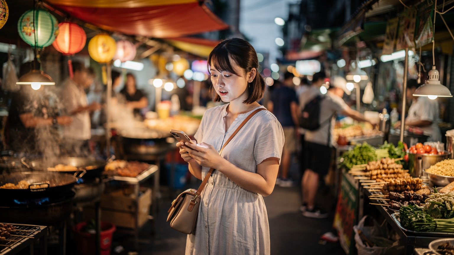 タイ・バンコクの屋台街で、スマートフォンで地図アプリを確認している日本人旅行者の女性。