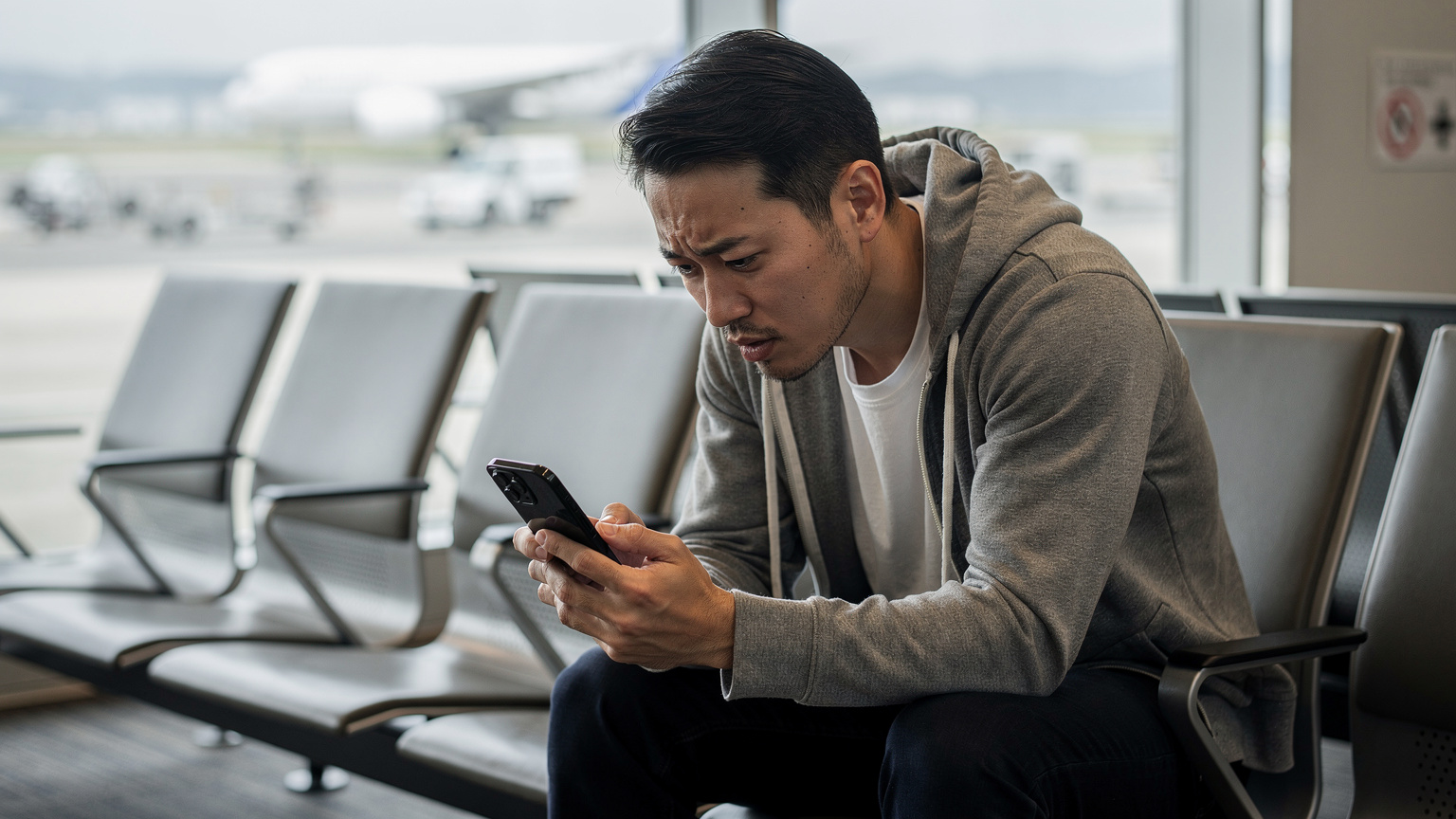 空港の待合室で、搭乗を待つ旅行者が、スマートフォンの画面を真剣な表情で見つめ、eSIM設定のトラブルシューティングをしている様子。