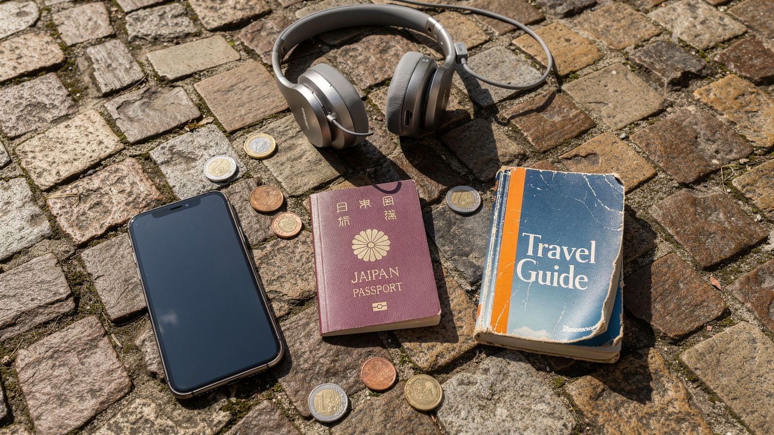 パスポート、スマートフォン、旅行ガイドブック、イヤホン、現地通貨がセンス良く配置されたオーバーヘッドのフラットレイ写真。