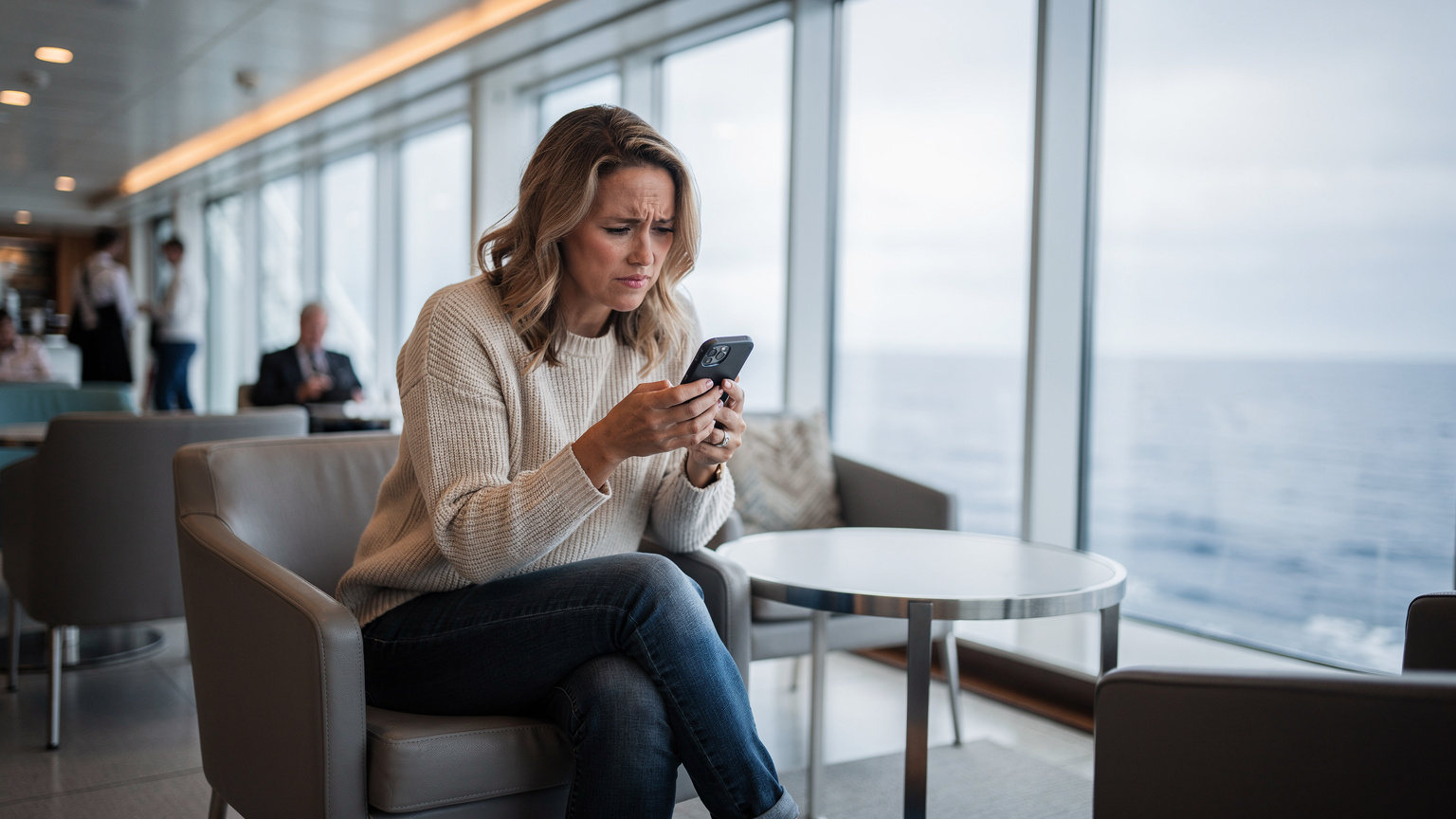 Eine genervte Reisende sitzt in der Lobby eines Kreuzfahrtschiffs und blickt besorgt auf ihr Smartphone, während sie versucht, eine Verbindung herzustellen.