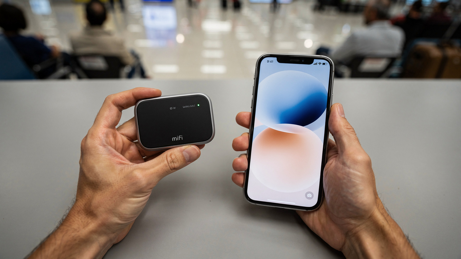 一张手持支持eSIM的移动Wi-Fi热点设备,并将其与一台中国大陆版iPhone连接的特写照片,背景是模糊的机场候机厅。