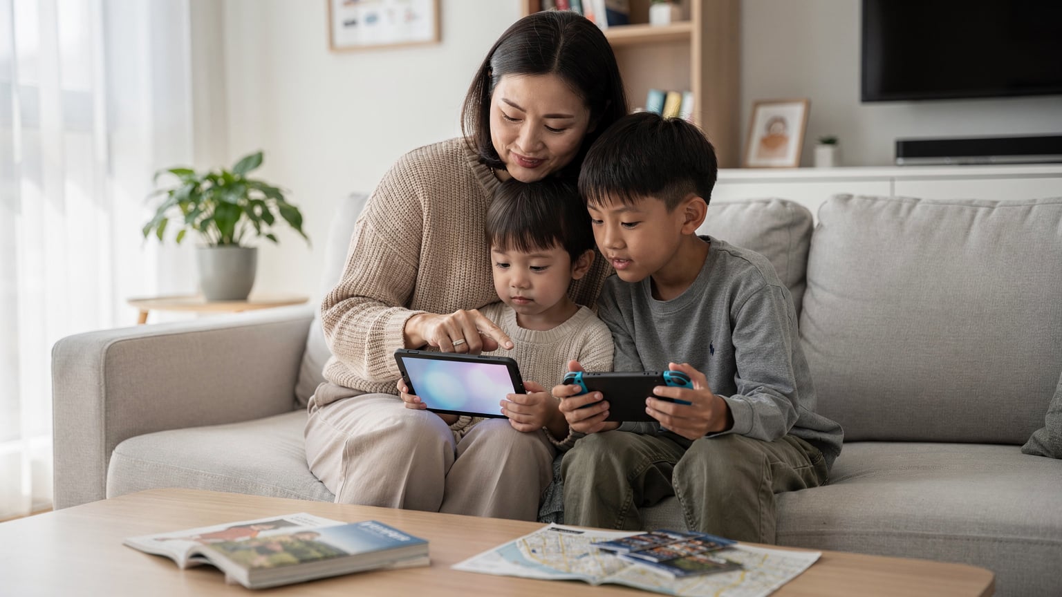 一位母親正在耐心指導孩子,在準備日本旅行時,如何將影片和遊戲內容預先下載到平板電腦中,確保在旅途中離線也能享受娛樂,背景是整潔的家庭客廳。