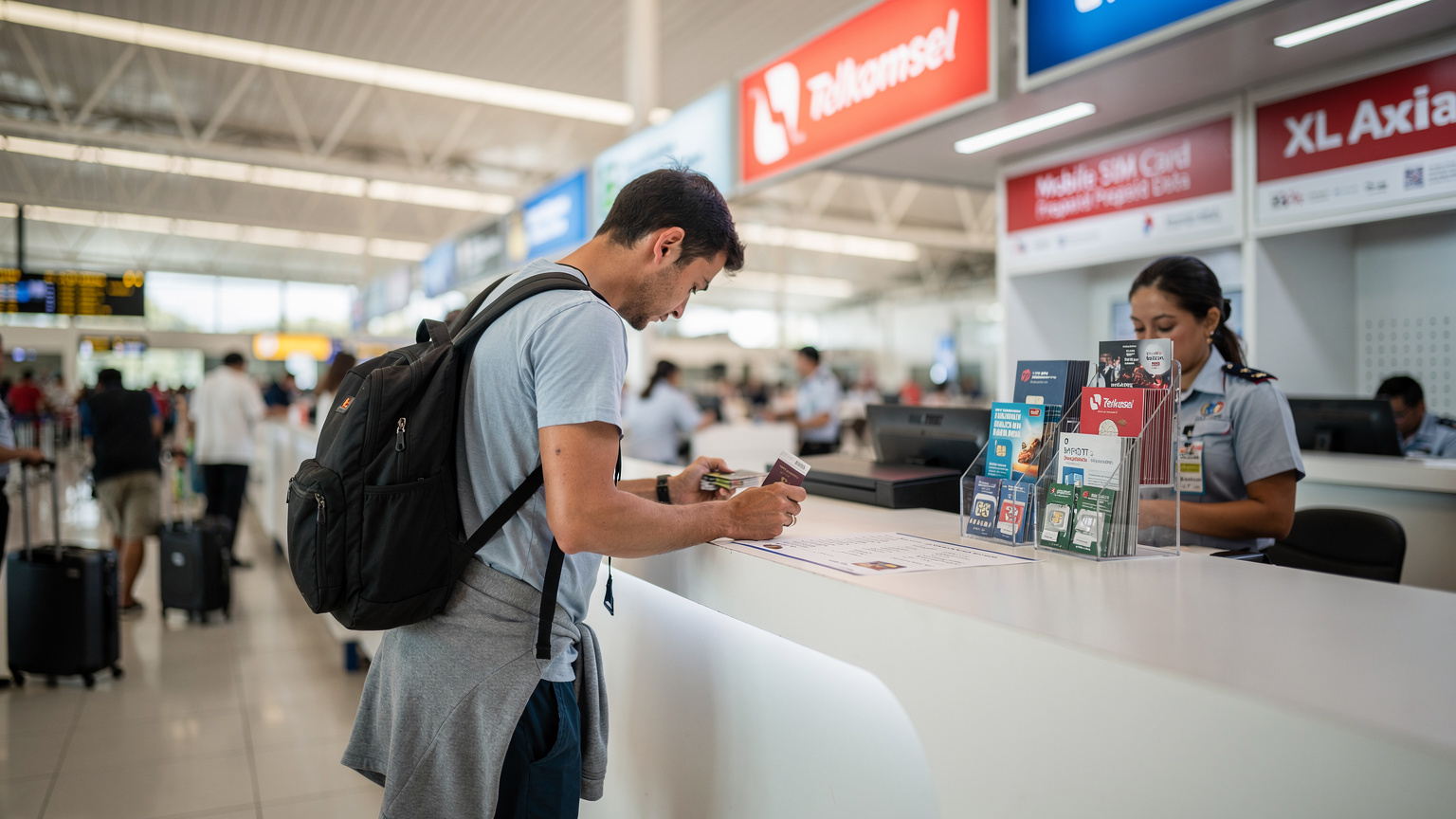 Seorang traveler sedang mengantre di konter operator seluler di Bandara Ngurah Rai Bali, dengan beberapa wisatawan lain di latar belakang yang juga sedang membeli kartu SIM fisik.