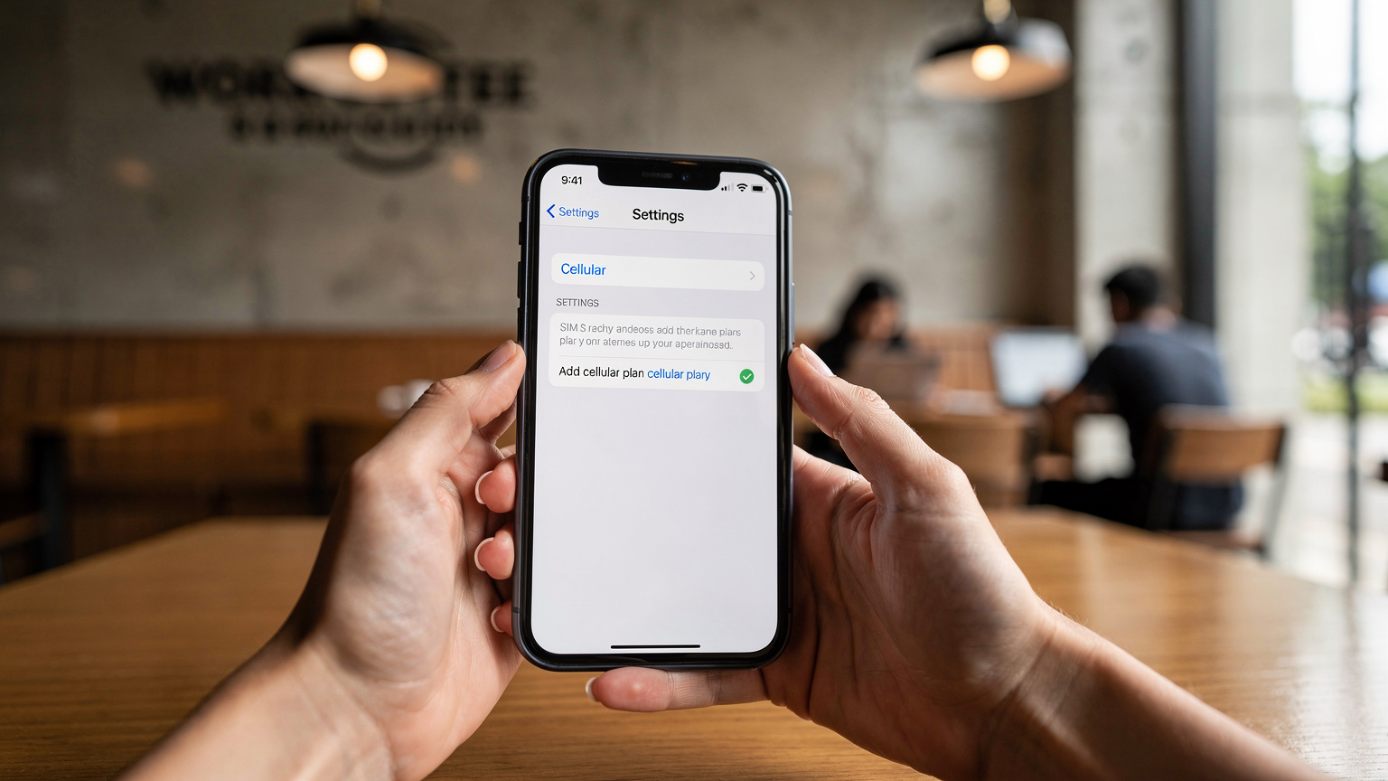 Seorang wanita sedang memegang iPhone dengan aplikasi pengaturan terbuka, menunjukkan opsi "Tambahkan Paket Seluler" di layar, di sebuah kafe modern di Jakarta Pusat.