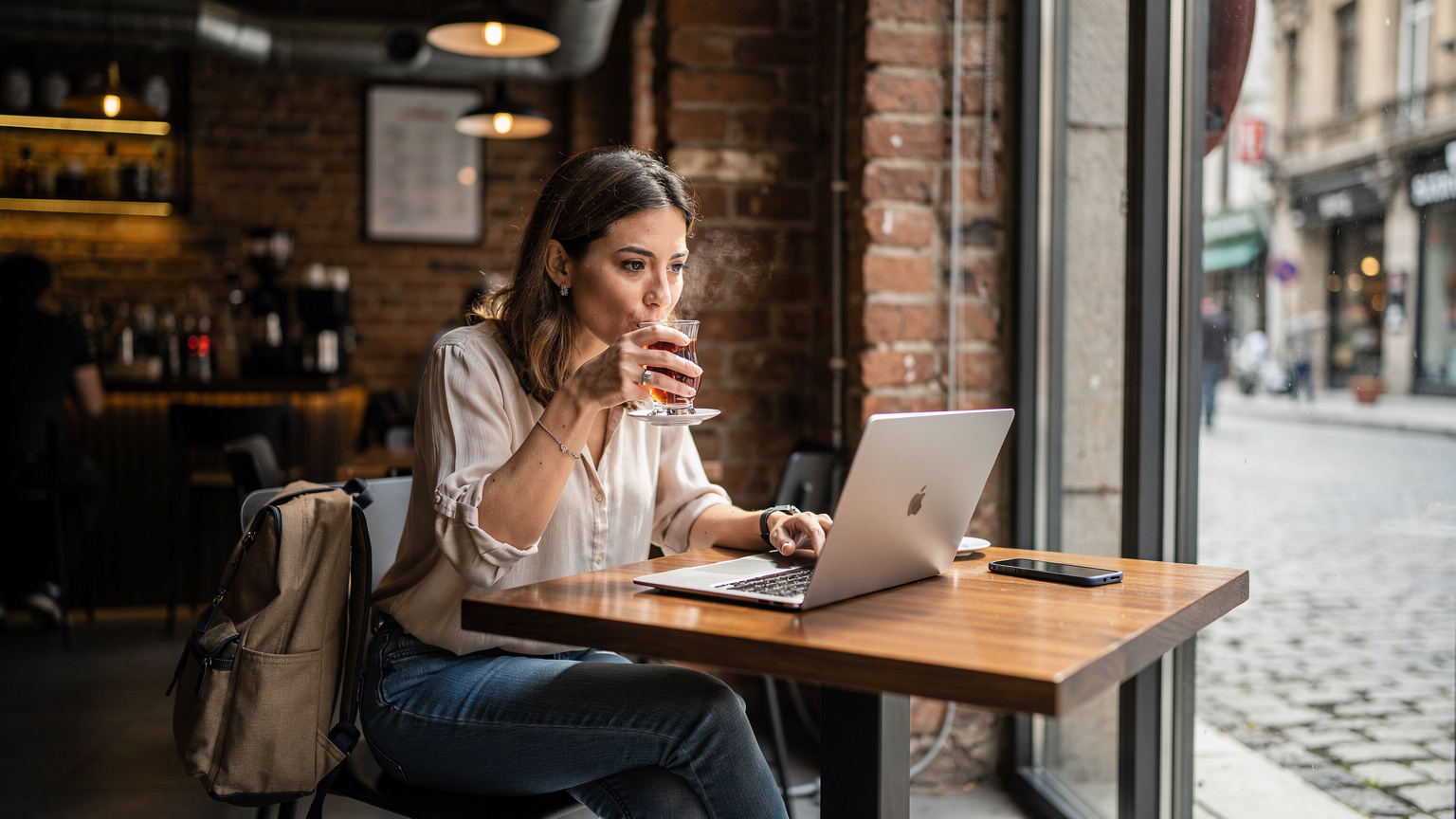 Seorang wanita sedang menikmati secangkir teh di sebuah kafe bergaya modern di Istanbul, Turki, dengan laptop terbuka dan ponsel di sebelahnya, menunjukkan gaya hidup digital nomad.
