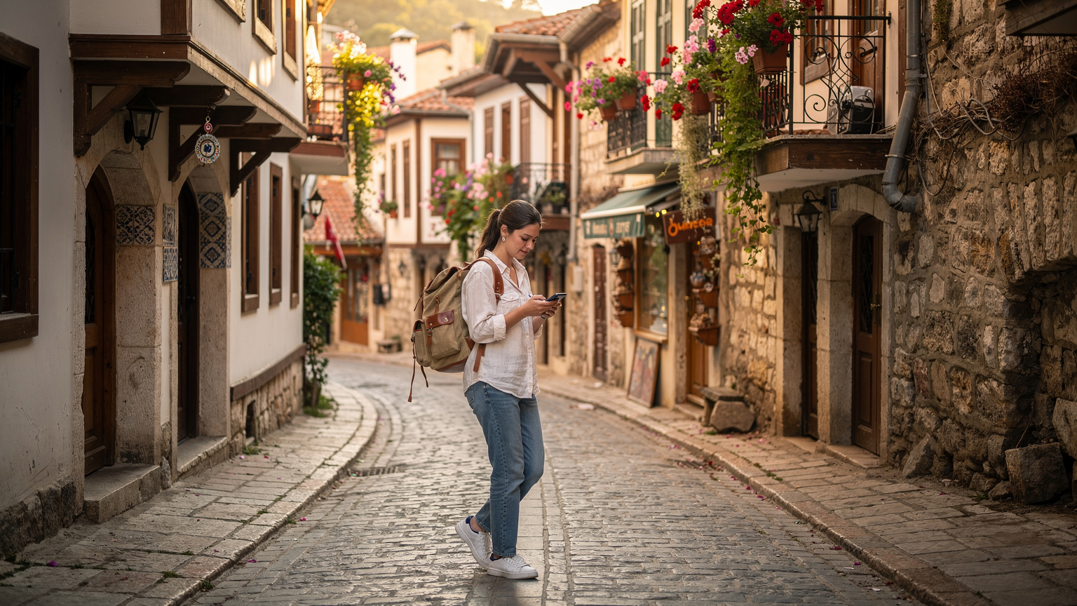 Eine junge Frau schlendert durch die engen Gassen der Altstadt von Antalya, Kaleiçi, und checkt dabei diskret ihr Smartphone für die Navigation oder eine Nachricht, während im Hintergrund historische Gebäude und blühende Pflanzen zu sehen sind.