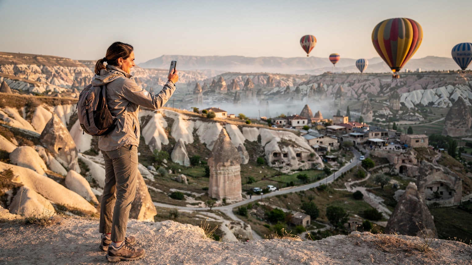 Eine Reisende hält ihr Smartphone in den Händen, während sie von einem Aussichtspunkt in Kappadokien auf die atemberaubende Landschaft mit den charakteristischen Feenkaminen und Heißluftballons blickt, unsicher ob sie Empfang hat.