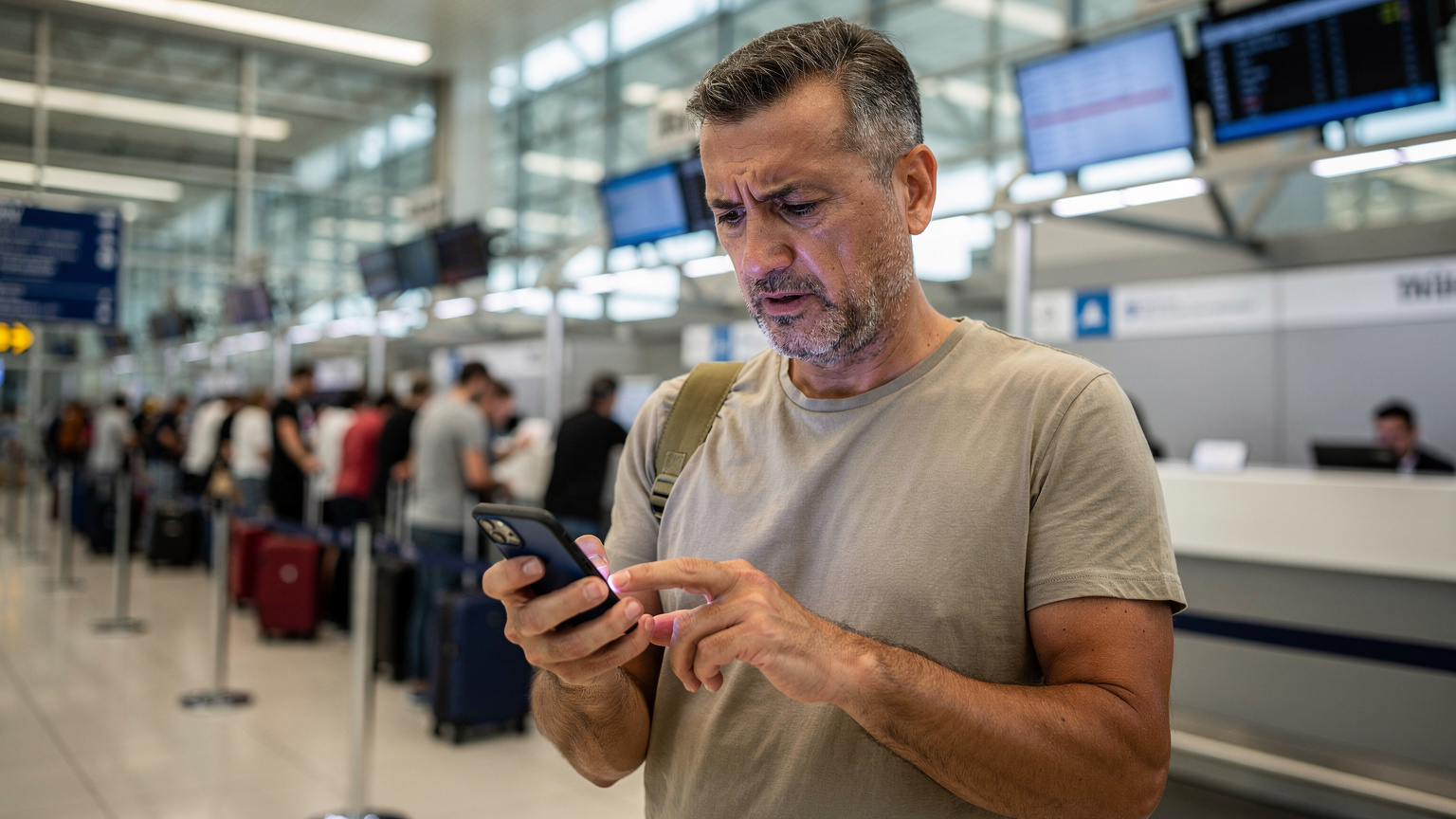 Ein Reisender steht am Check-in-Schalter eines Flughafens in der Türkei, blickt besorgt auf sein Smartphone und versucht, eine Verbindung herzustellen, während sich hinter ihm eine lange Schlange bildet.