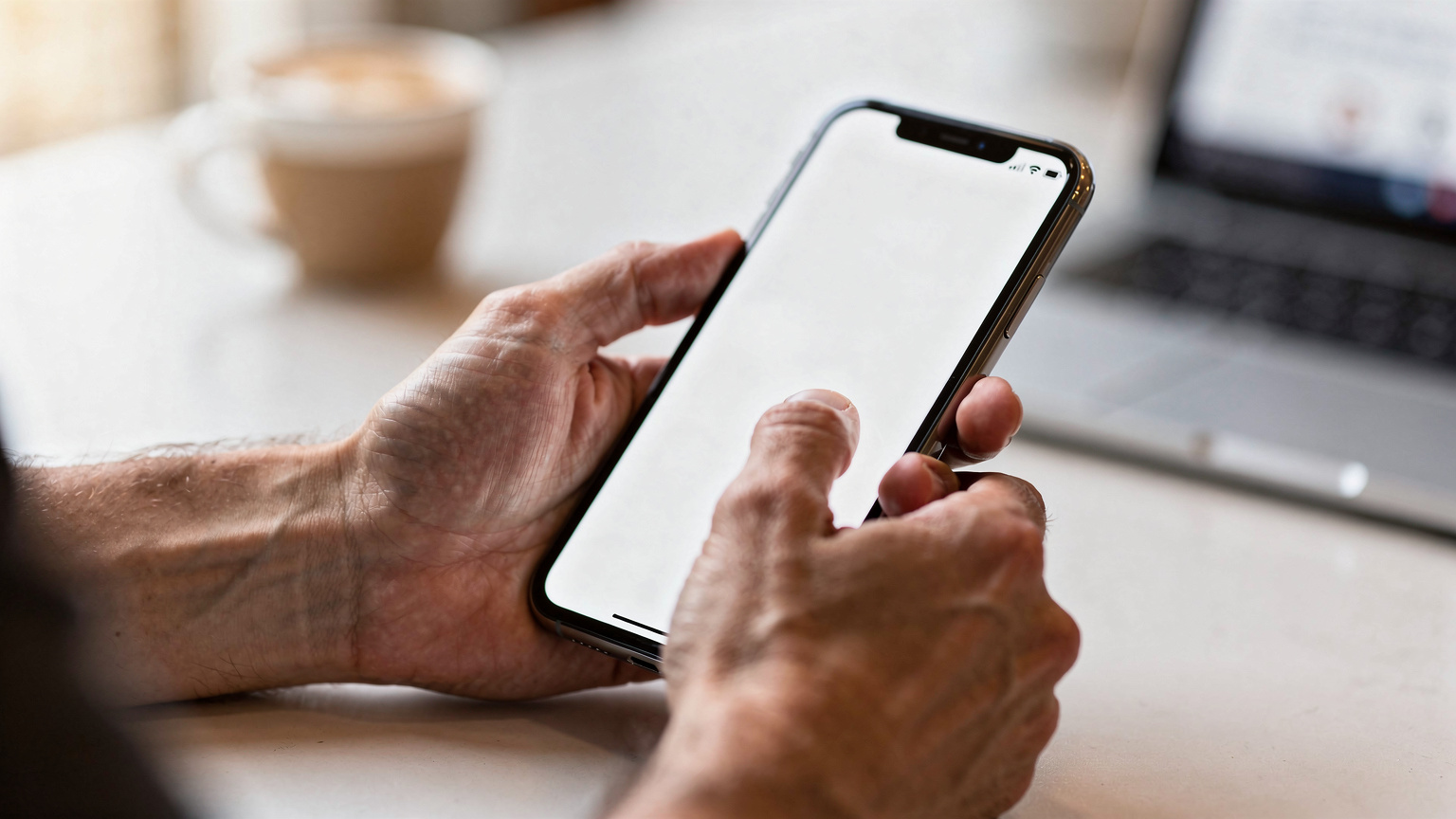 Крупен план на ръце, държащи смартфон, докато потребителят инсталира eSIM, показвайки простотата на процеса.