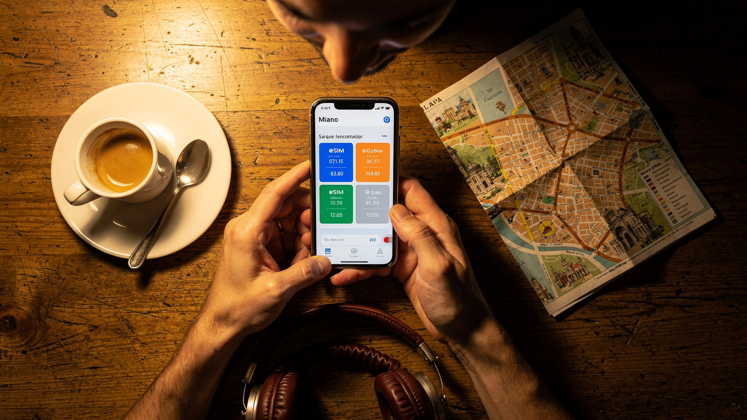 Un primo piano delle mani di un viaggiatore mentre compara i prezzi di diverse eSIM sul suo smartphone, con una tazza di caffè e una mappa turistica sullo sfondo, in un caffè accogliente di Milano.