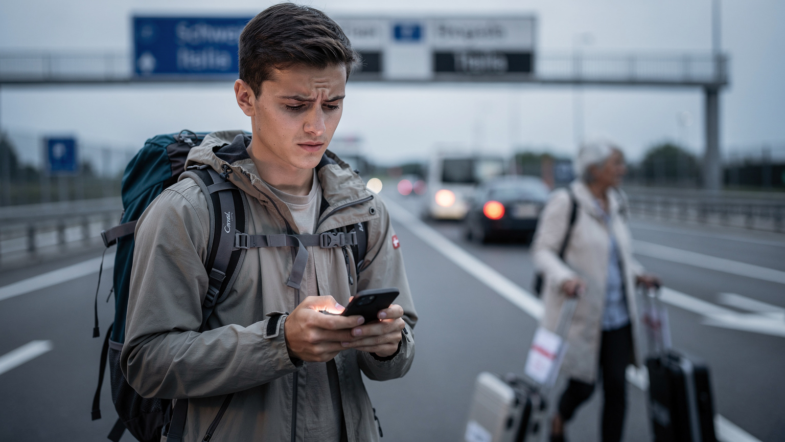 Una donna anziana attraversa il confine tra Svizzera e Italia al valico di Brogeda, mentre un viaggiatore backpacker con il telefono in mano cerca di attivare la sua eSIM. La scena è illuminata da una luce tenue del primo mattino.