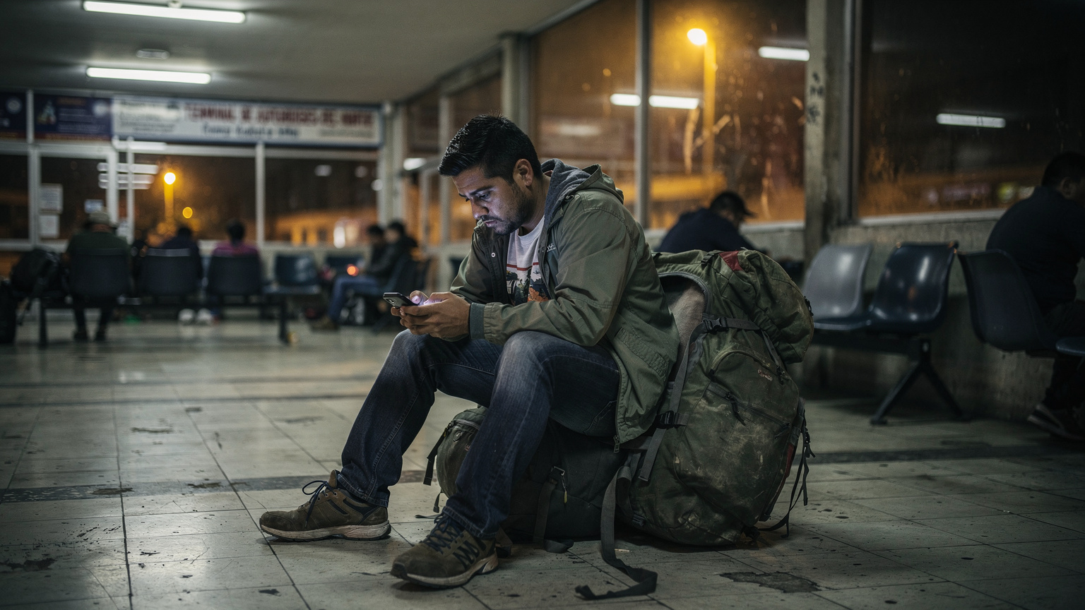 Un viaggiatore backpacker consulta il suo telefono mentre aspetta il bus notturno al Terminali Autobuses del Norte a Città del Messico. La luce dei lampioni illumina la scena notturna.