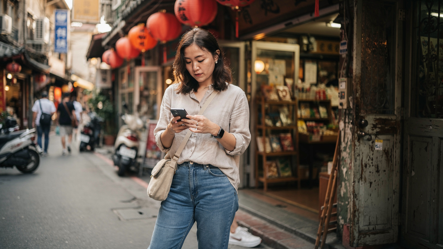 台北の歴史ある迪化街で、赤い提灯が飾られたレトロな店先を背景に、スマートフォンで道順を確認する旅行者。