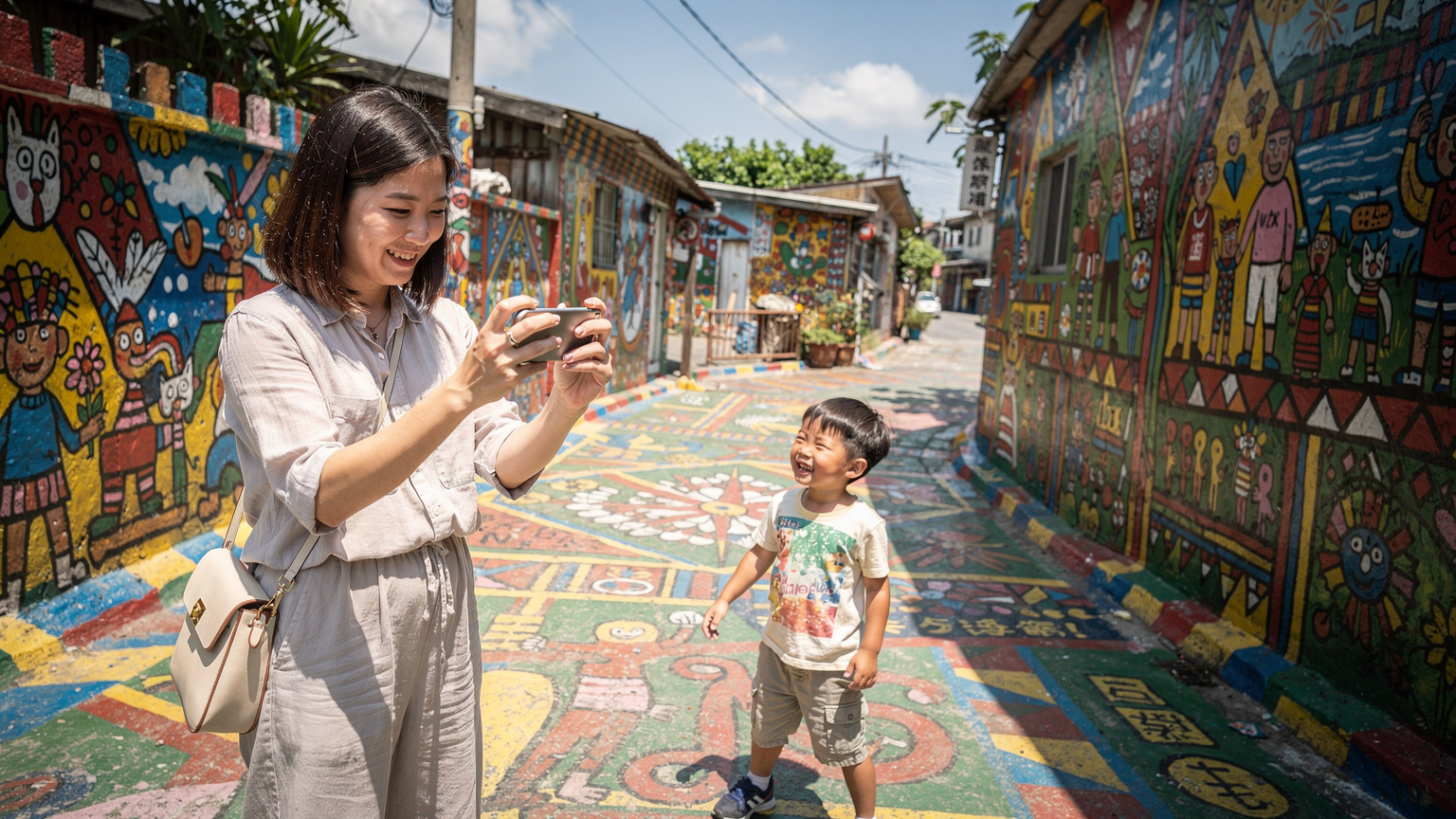 台中の彩虹眷村で、色鮮やかな壁画を背景に、スマホで記念写真を撮る親子。楽しそうな雰囲気。