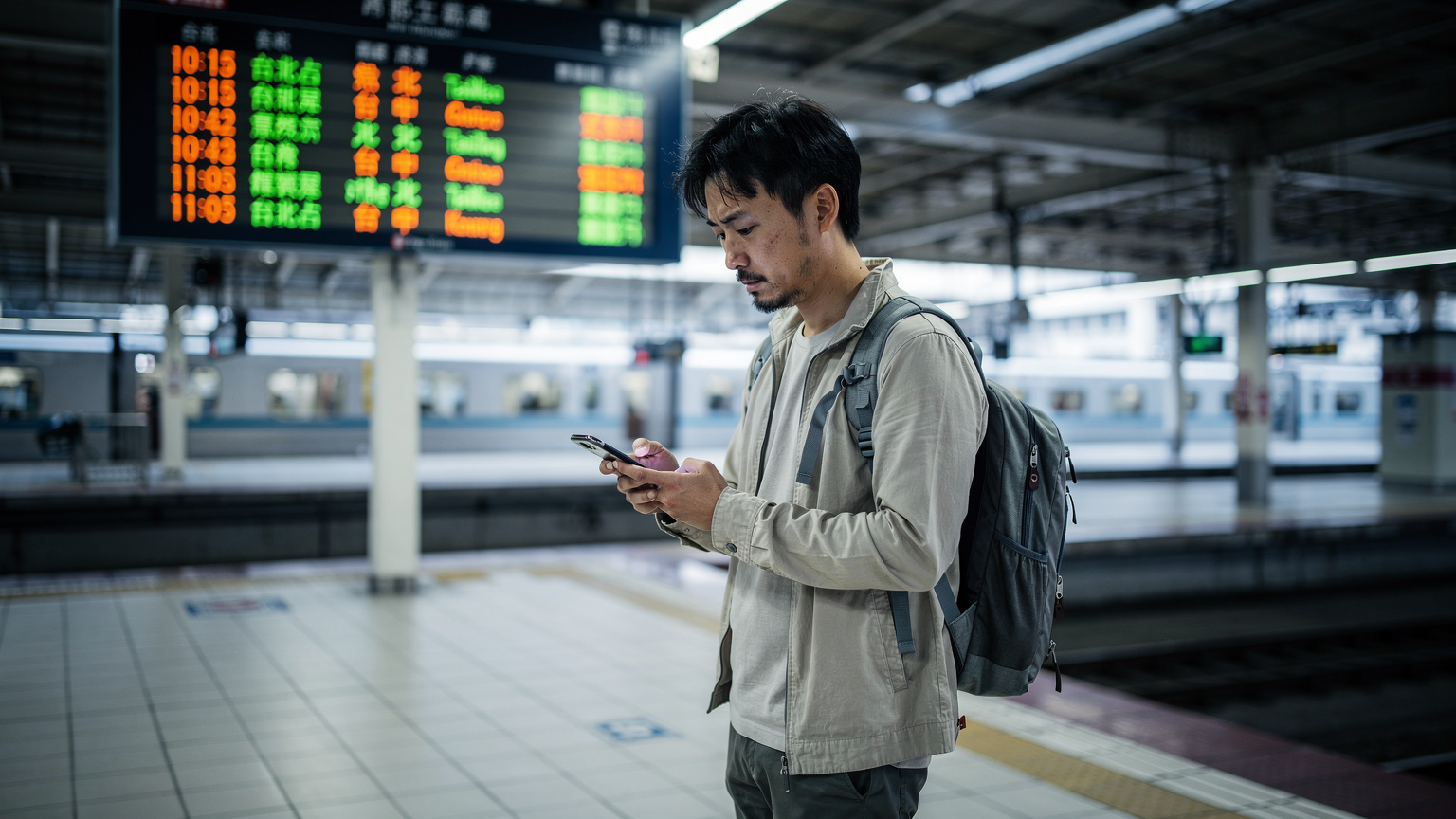 台北駅のプラットフォームで、スマホが繋がらず困った表情で画面を見つめる旅行者。隣には運行表示板。