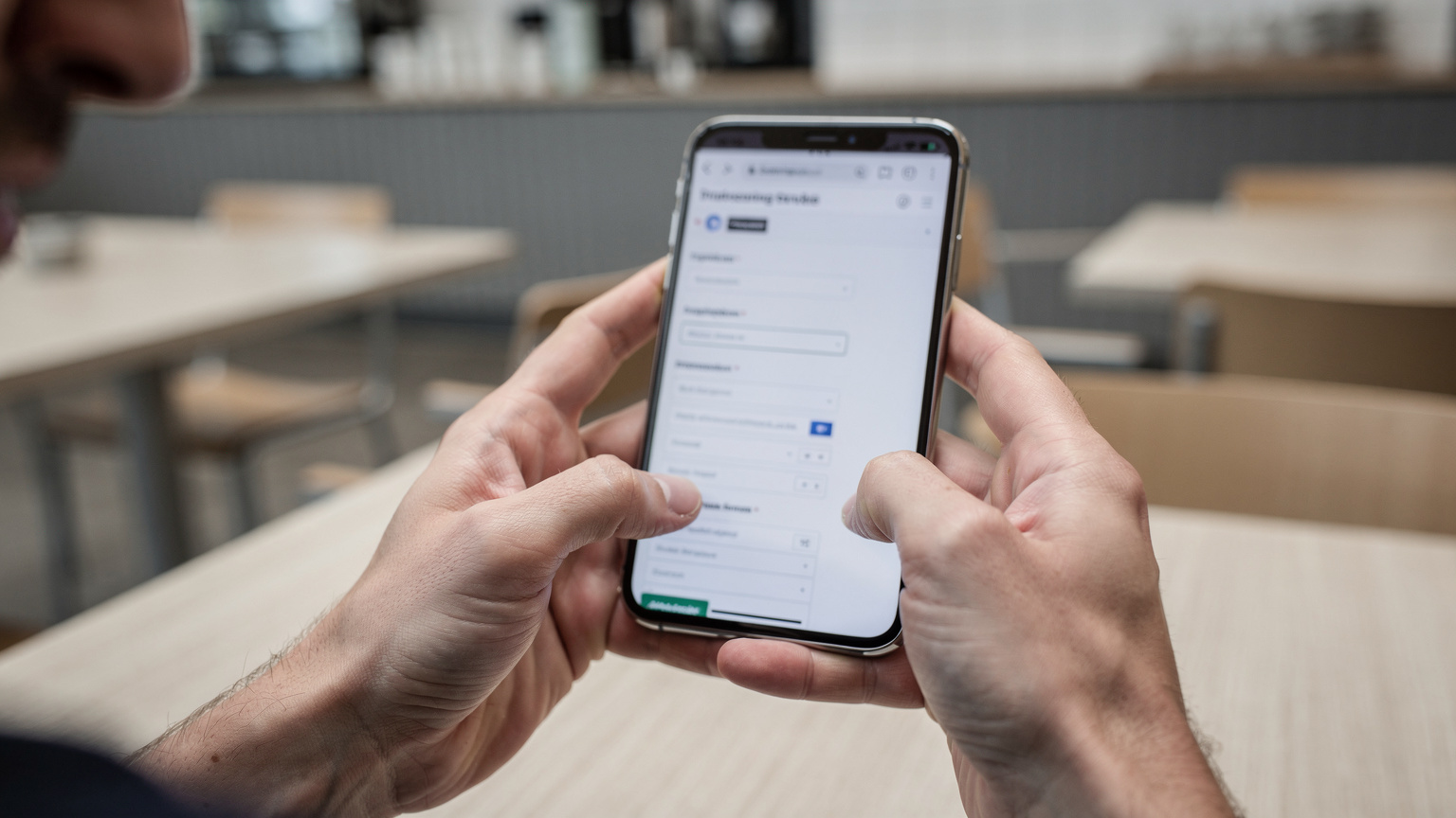 Ein Smartphone-Nutzer blickt skeptisch auf eine Registrierungsseite für öffentliches WLAN in einem deutschen Café, das umständliche persönliche Daten abfragt.