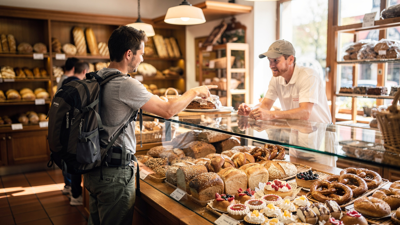 Ein Reisender kauft ein frisches Brötchen und Kaffee in einer traditionellen deutschen Bäckerei, mit Auslagen voller Brot und Gebäck im Hintergrund.