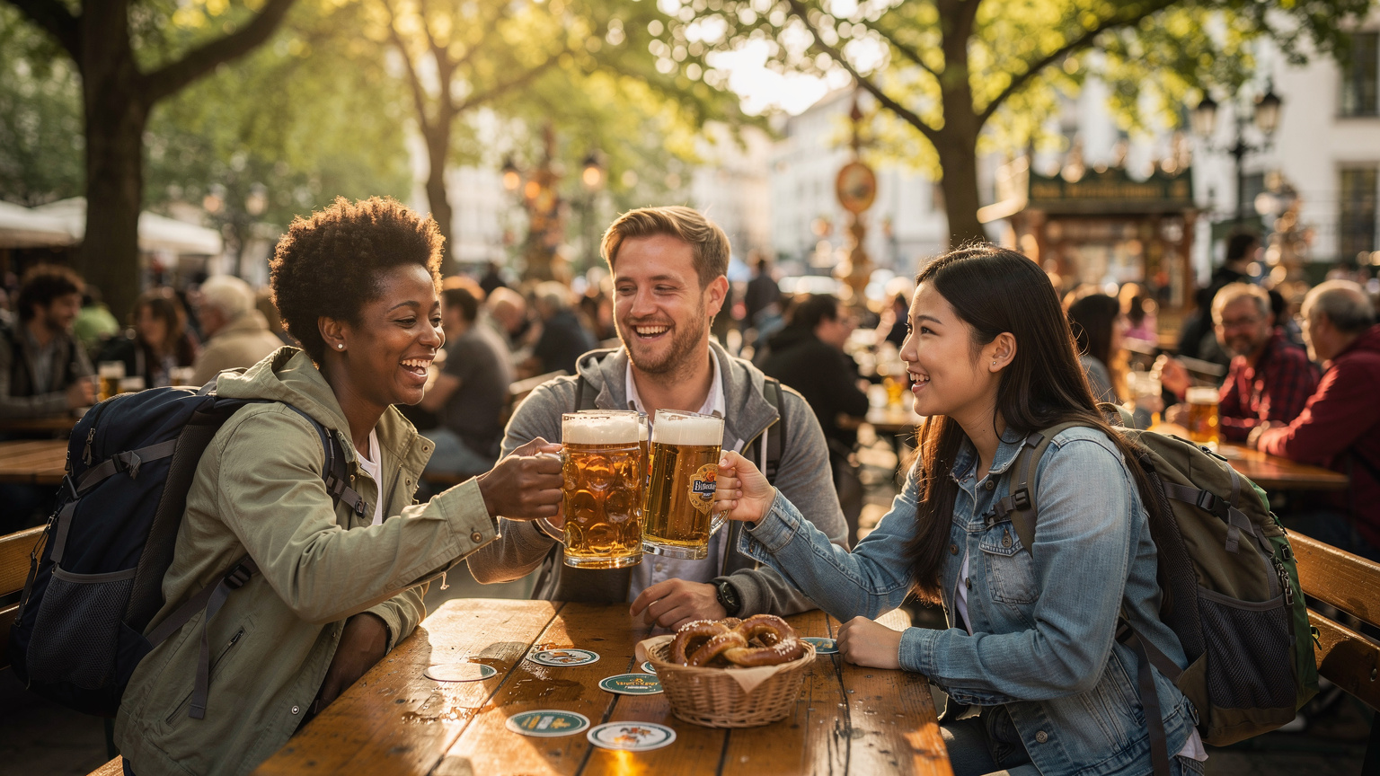 Eine Gruppe junger Rucksacktouristen prostet sich mit lokalen Bieren in einem Biergarten in München zu, die Stimmung ist ausgelassen und fröhlich.