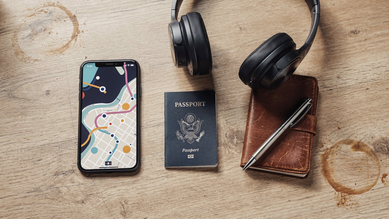 A close-up, editorial flat-lay shot of travel essentials, including a smartphone with a partially visible map app, a passport, a pair of headphones, and a small notebook, all neatly arranged on a cafe table.