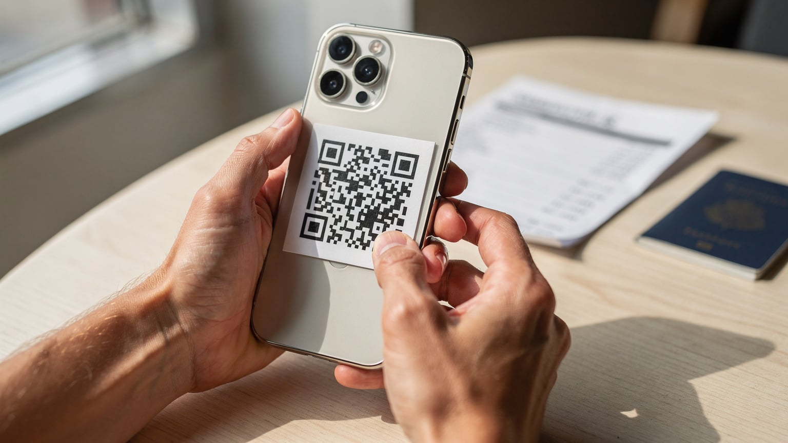 Close-up shot of a person's hands holding an iPhone, in the process of scanning a QR code for eSIM activation, with a blurred travel itinerary in the background.
