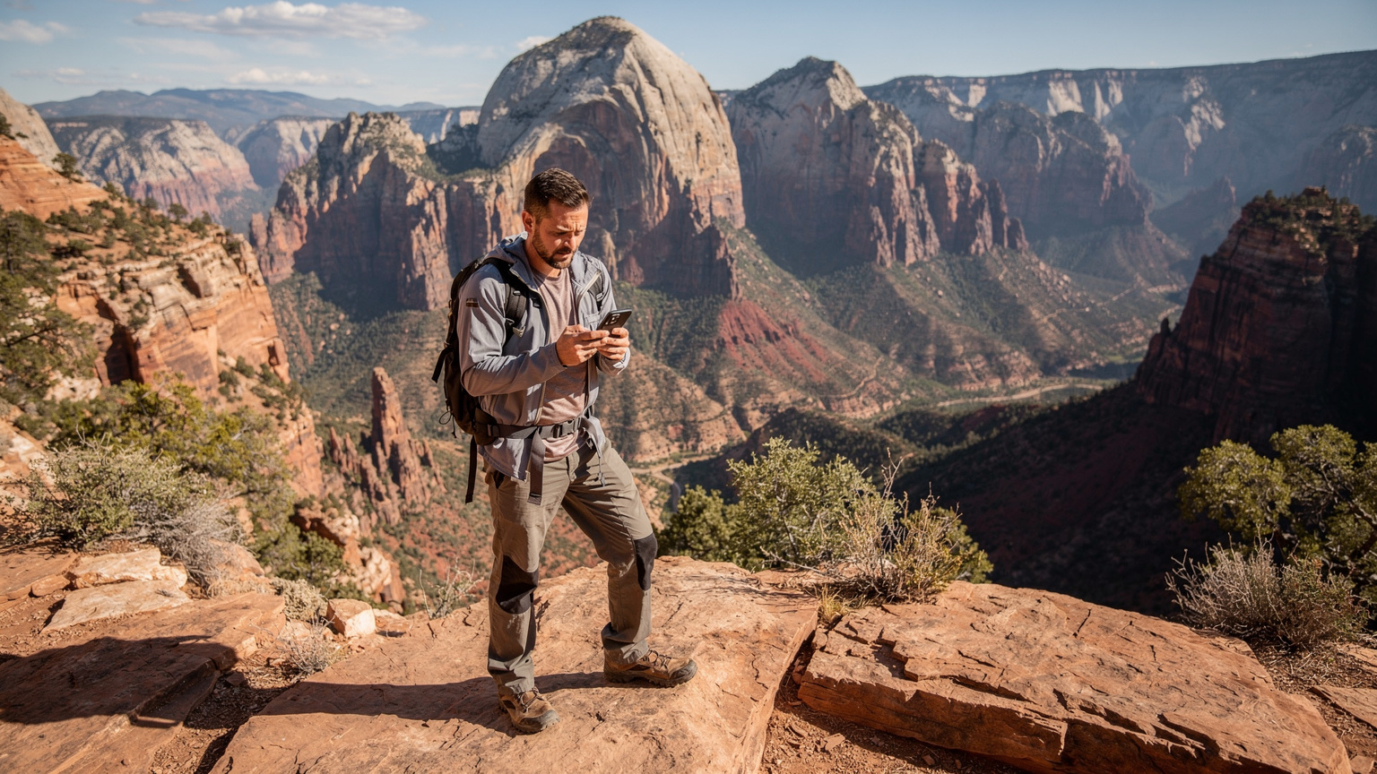 A traveler looks at their phone with a concerned expression, standing on a scenic overlook in a US National Park with majestic but remote natural scenery in the background, suggesting a lack of cell service.