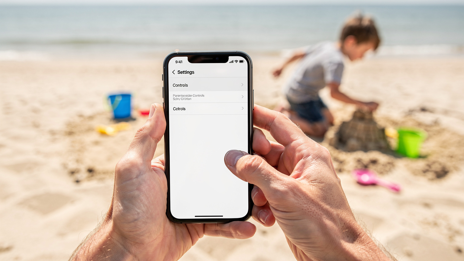 Rodzic konfigurujący ustawienia kontroli rodzicielskiej na smartfonie, z dzieckiem bawiącym się w tle na plaży.