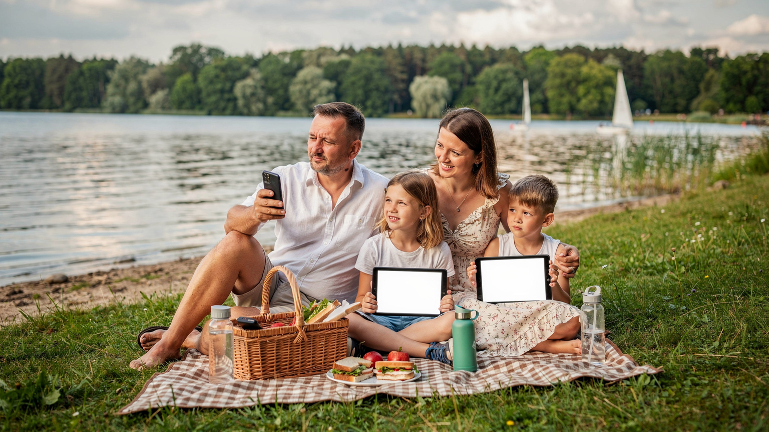 Rodzina z dwójką dzieci, uśmiechnięta, siedząca na trawie nad jeziorem, z tatą udostępniającym hotspot z telefonu do tabletów dzieci.