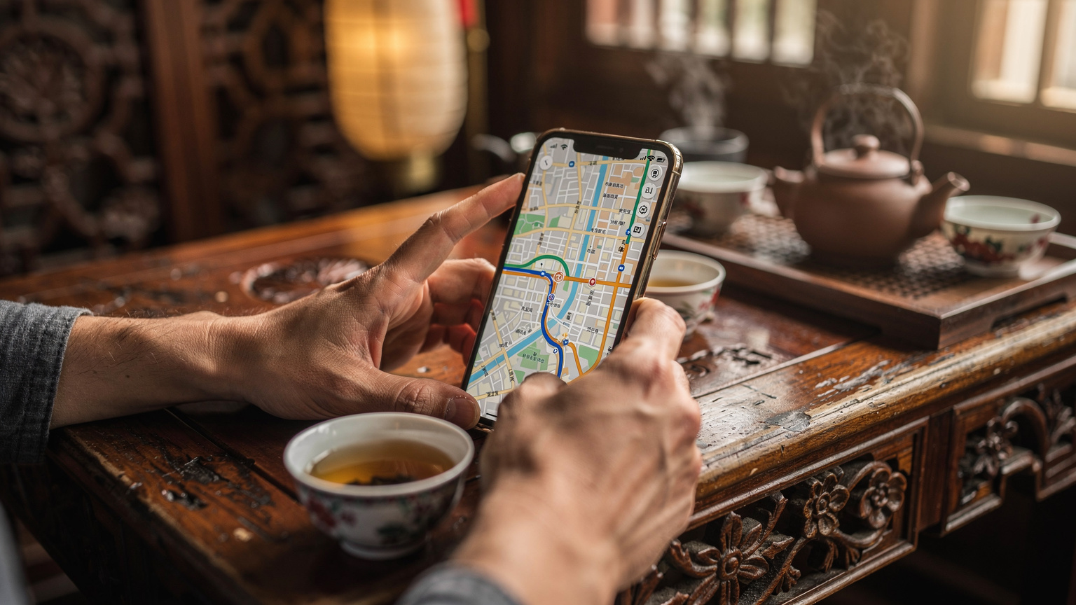 一位旅行者在上海豫园老街的茶馆里, 手机屏幕上显示着Google Maps的界面, 旁边放着一杯热茶。