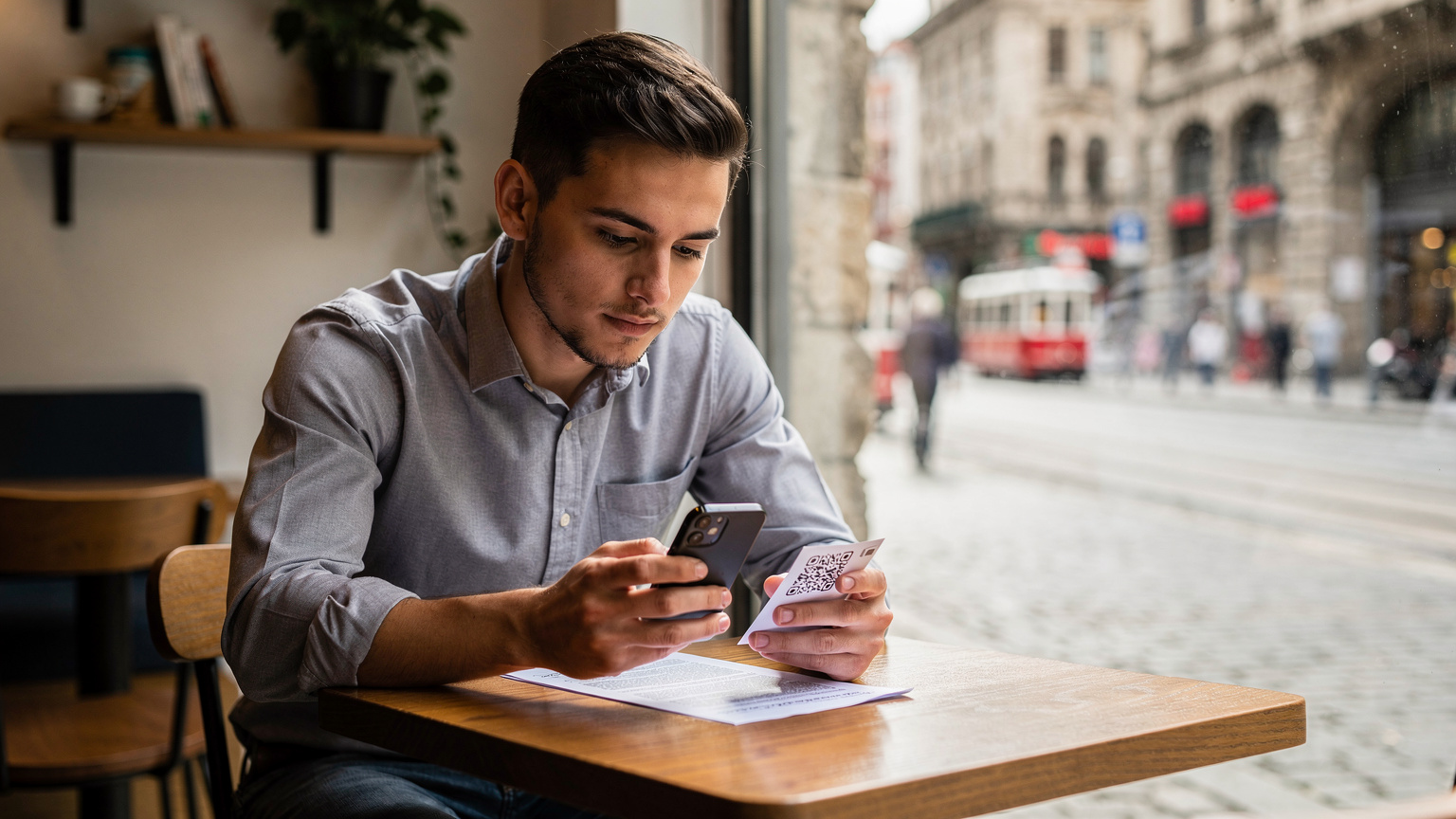 Bir kafenin penceresinden görünen hareketli bir İstanbul sokağında, genç bir adam elindeki telefonundan eSIM QR kodunu tararken dikkatle ekrana bakıyor.