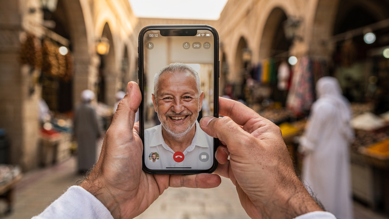 A close-up shot of a pilgrim's hands holding a smartphone, with the screen displaying a WhatsApp video call in progress, showing a family member smiling. In the blurred background, a vibrant, traditional market scene in Medina with vendors and shoppers.