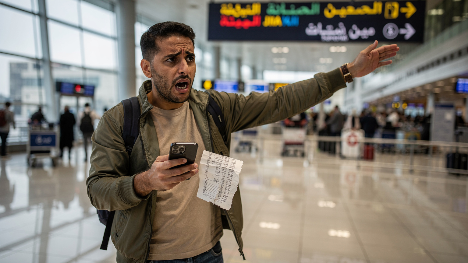 A male traveler, mid-30s, looking frustrated while standing in a busy airport arrivals hall in Jeddah, holding his smartphone and a paper with confusing roaming charges, with luggage around him.