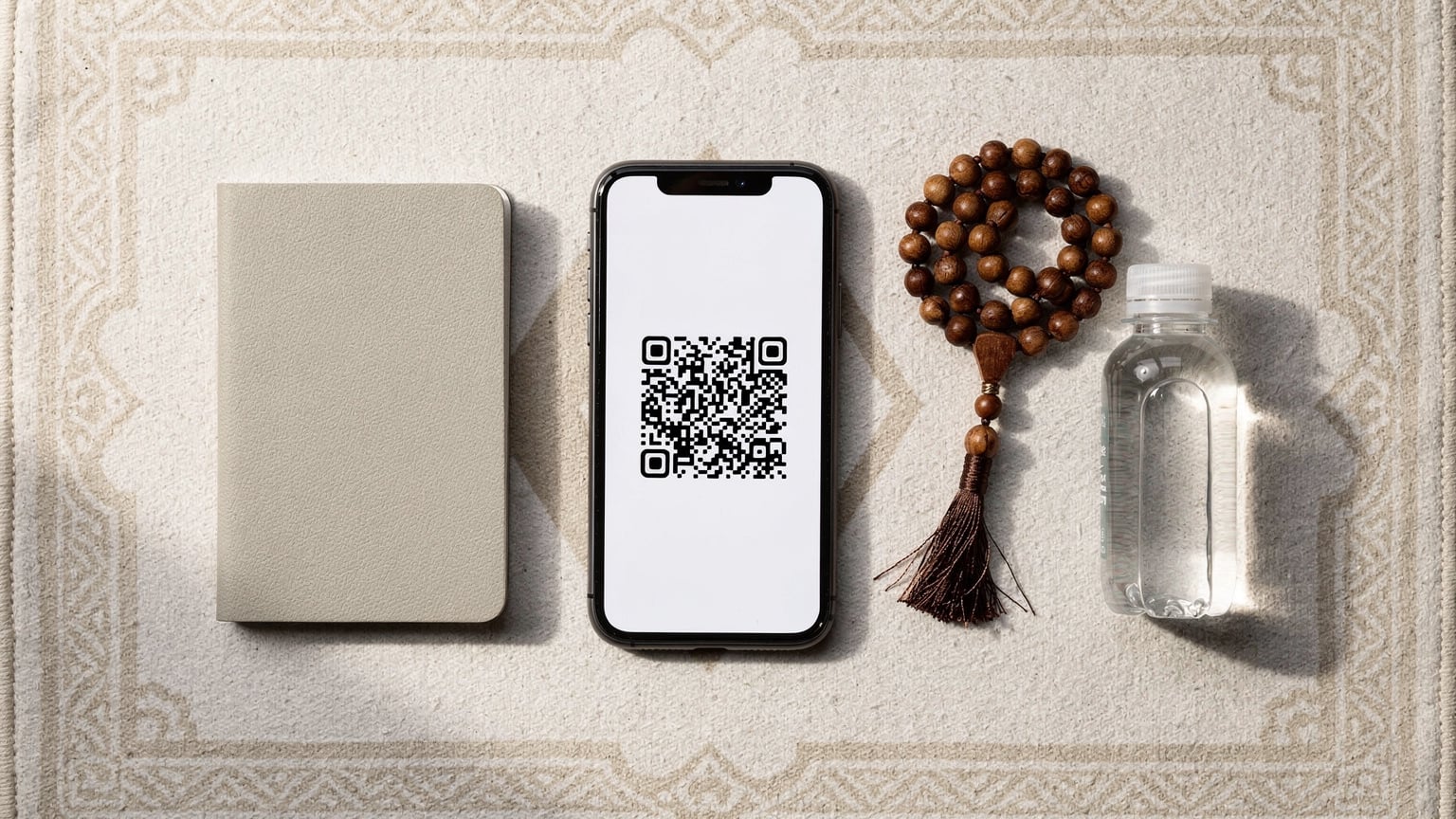 An overhead flat-lay of travel essentials for Umrah: a passport, a smartphone displaying a generic eSIM activation QR code, traditional prayer beads (misbaha), and a small, sealed bottle of Zamzam water, all arranged neatly on a light-colored prayer mat.