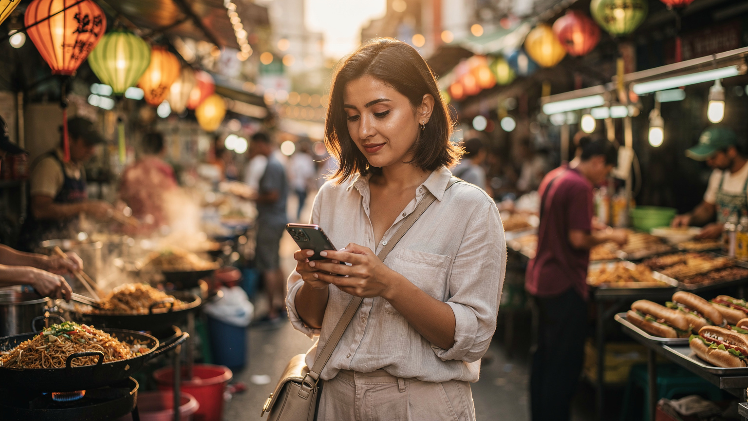 Asya'da hareketli bir sokak pazarında, bir seyyah telefonunda Cellesim uygulamasını kullanarak veri kullanımını kontrol ediyor, arka planda yerel yiyecek tezgahları ve kalabalık var.