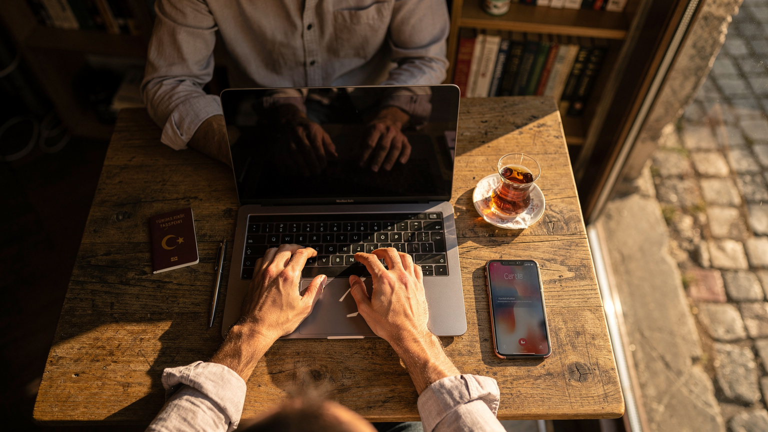 Bir kafenin penceresinden içeri vuran altın ışıkta, bir dijital göçebe dizüstü bilgisayarında çalışırken, yanında pasaportu ve akıllı telefonuyla verimli bir anı yakalıyor.