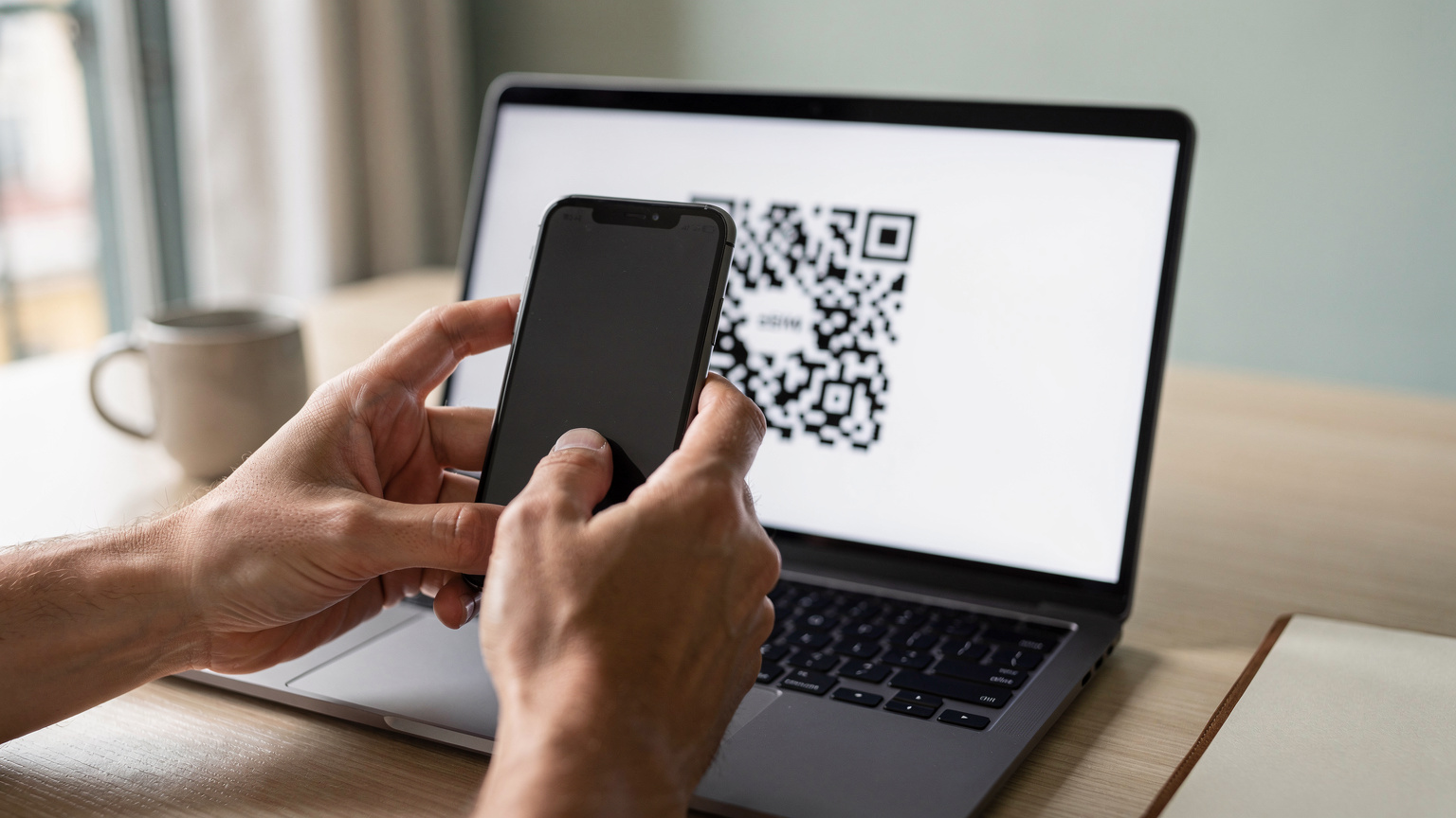 Крупний план рук, які активують eSIM на смартфоні за допомогою QR-коду, що відображається на екрані ноутбука.