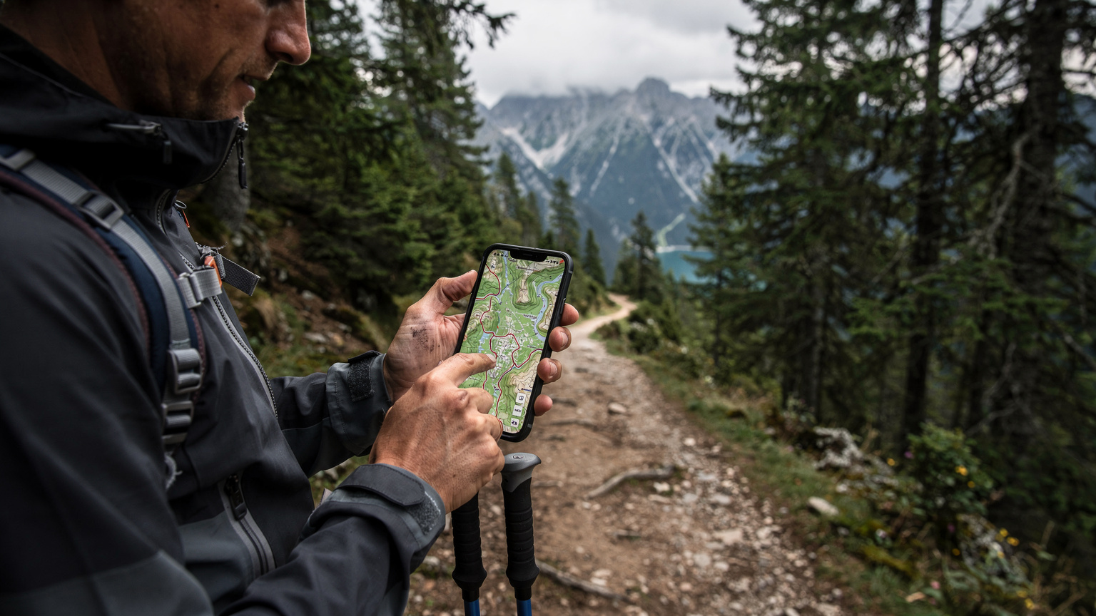 Turista študuje mobilnú aplikáciu s offline mapou v horskom prostredí, snažiac sa nájsť najlepšie pokrytie.