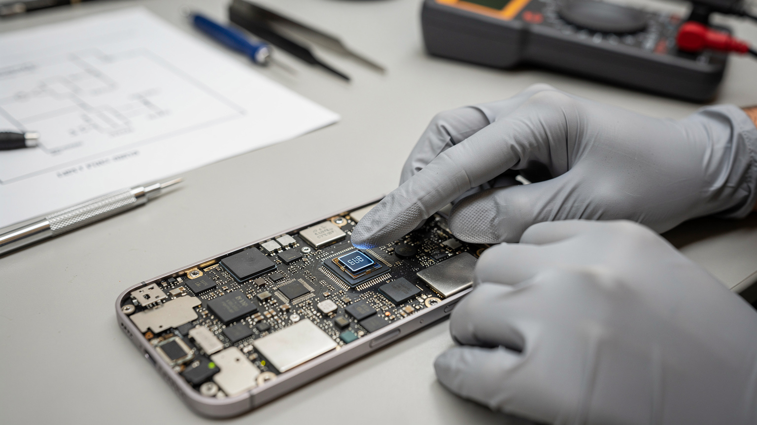 一名技術人員在實驗室環境中,展示 iPhone 主板上嵌入的微型 eSIM 芯片,周圍是精密電子元件。
