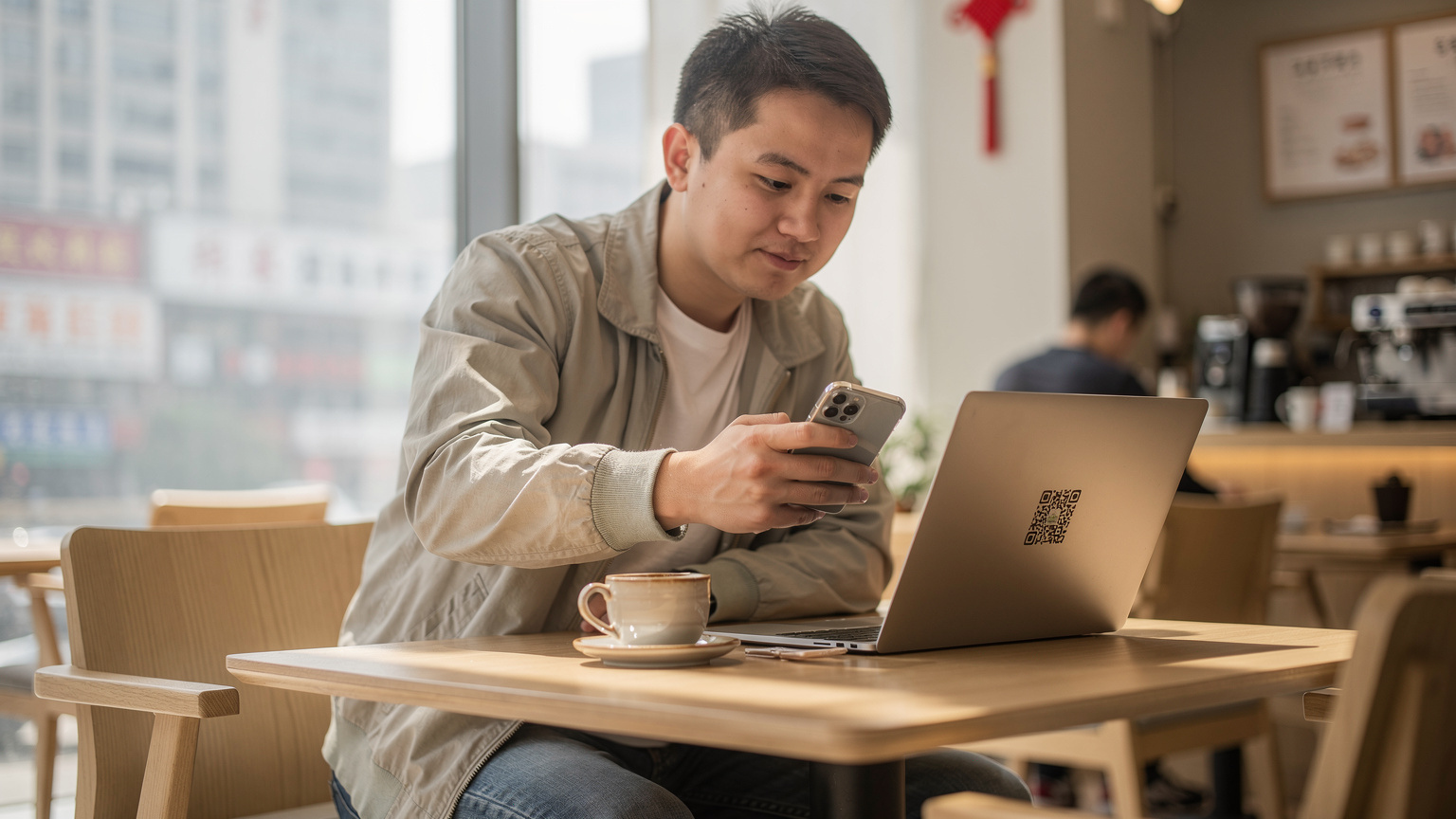 一名旅客在上海一家現代咖啡館裡,專注地用 iPhone 掃描筆記本電腦屏幕上顯示的 eSIM 二維碼,背景是窗外的城市景觀。