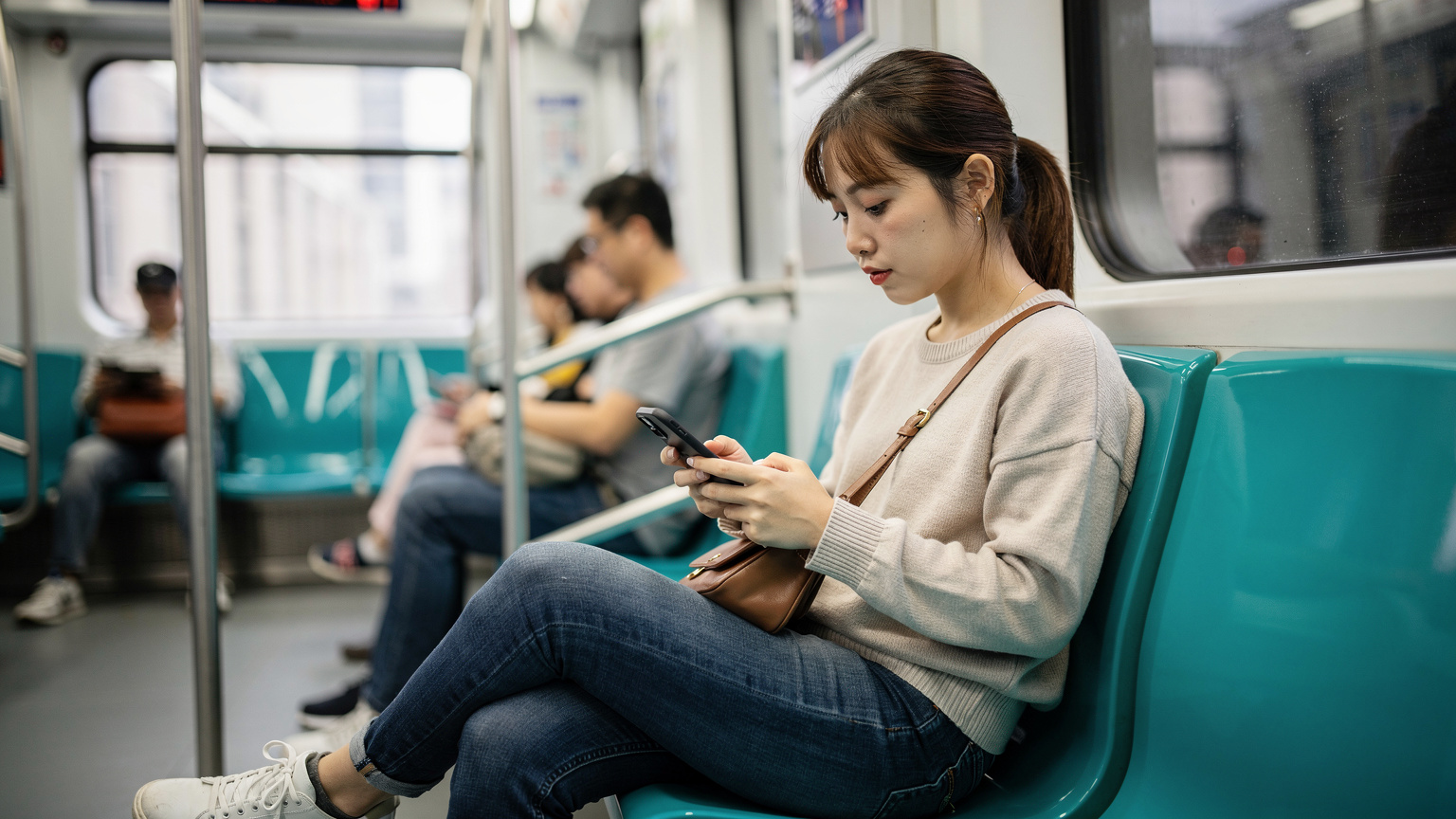 一位中国年轻女性在上海地铁车厢里,用手机浏览境外社交媒体,屏幕上显示着Instagram的界面,背景是繁忙的地铁车厢,体现了在大陆使用境外应用的需求。