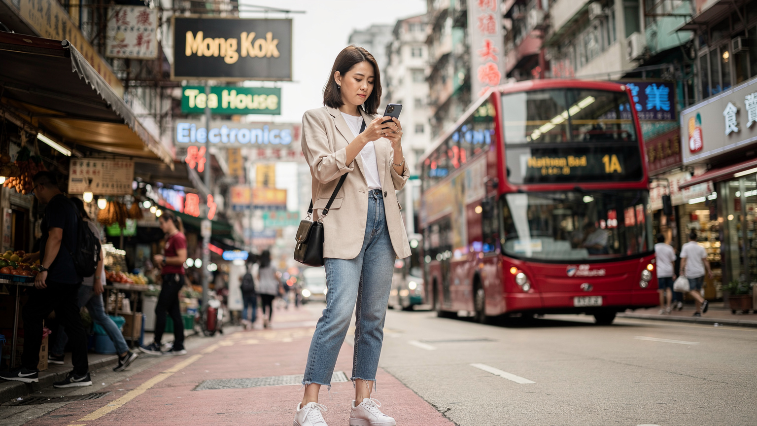 一位亚洲女性数字游民正在香港繁忙的街头,手持手机查看手机上的eSIM流量使用情况,背景是色彩斑斓的街景和双层巴士,充满活力。