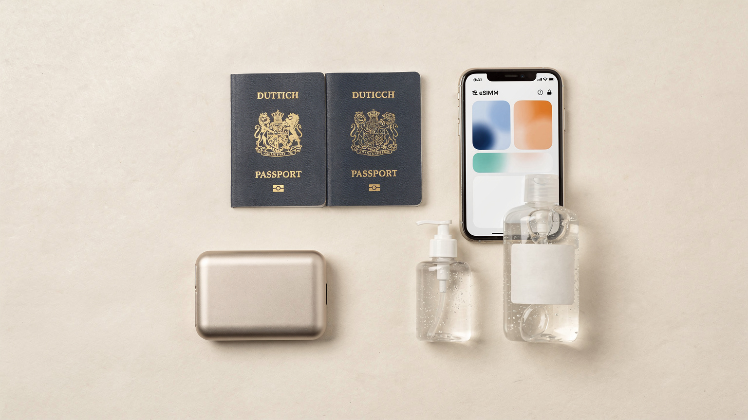 Een overzichtelijke flat-lay van reisbenodigdheden: paspoorten, een smartphone met een geopende eSIM-app, een draagbare oplader, en een kleine fles handdesinfecterend middel, alles op een effen achtergrond.
