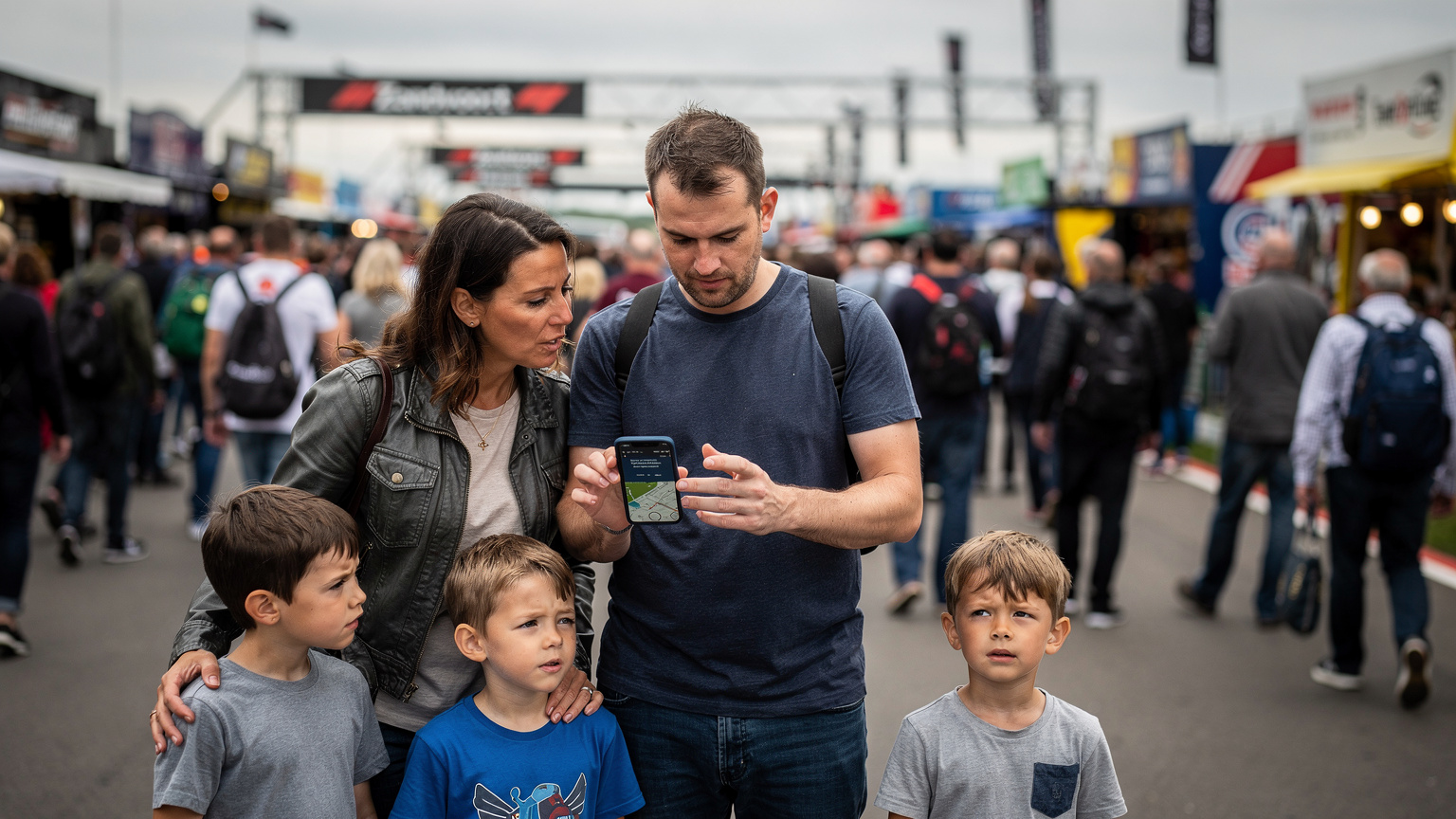 Een gezin navigeert door de drukte van het Zandvoort circuit, waarbij de vader een mobiele telefoon vasthoudt met een kaart-app open en de kinderen naast hem lopen, onder de indruk van de omgeving.