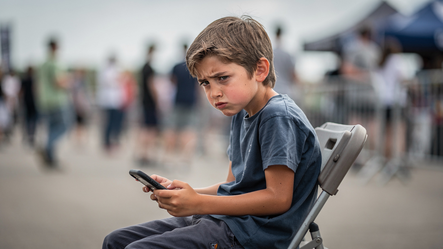 Een kind, ongeveer 10 jaar oud, zit met een verveelde uitdrukking naar een smartphone te staren die een 'geen service' melding toont, terwijl op de achtergrond de onscherpe drukte van een evenemententerrein te zien is.