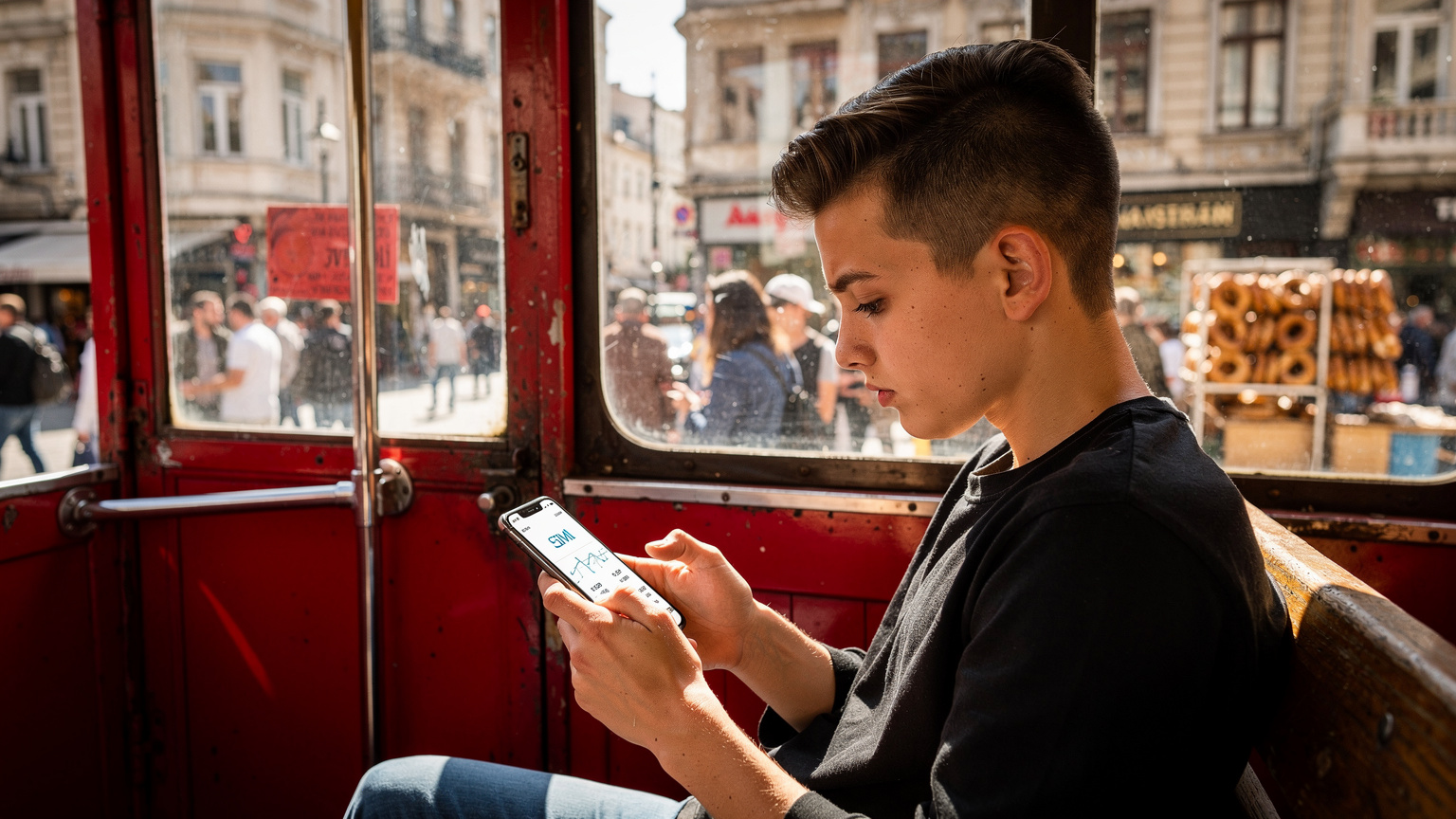 Bir genç, İstanbul'daki tarihi bir tramvayda akıllı telefonundaki eSIM uygulamasında internet kullanım istatistiklerini kontrol ediyor, tramvaydan dışarıda kalabalık bir sokak manzarası görünüyor.