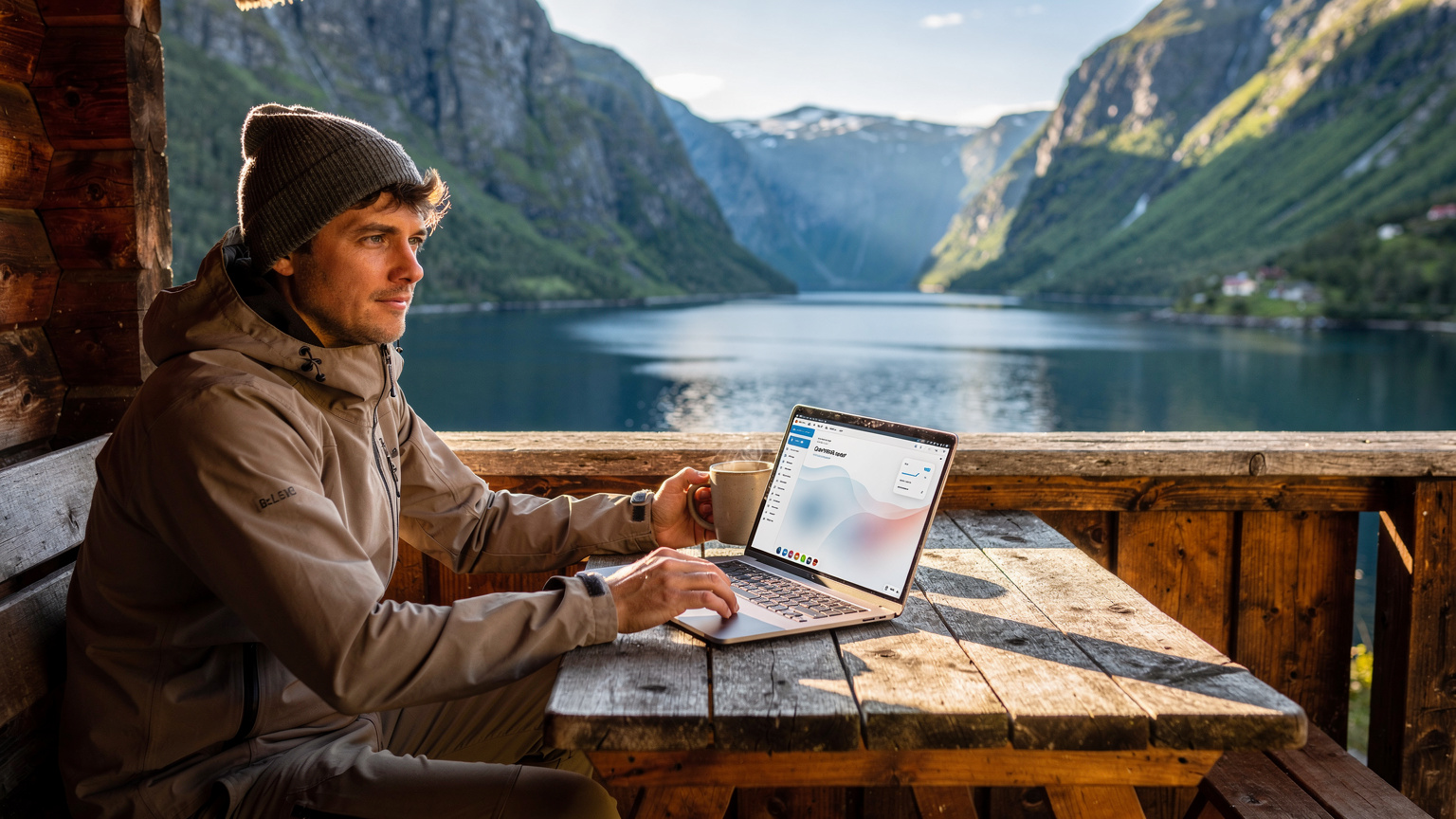 Bir dijital göçebe, Norveç fiyortları manzaralı bir dağ evinin balkonunda oturmuş, laptopunda eSIM veri kullanımını takip ediyor ve kahvesini yudumluyor.