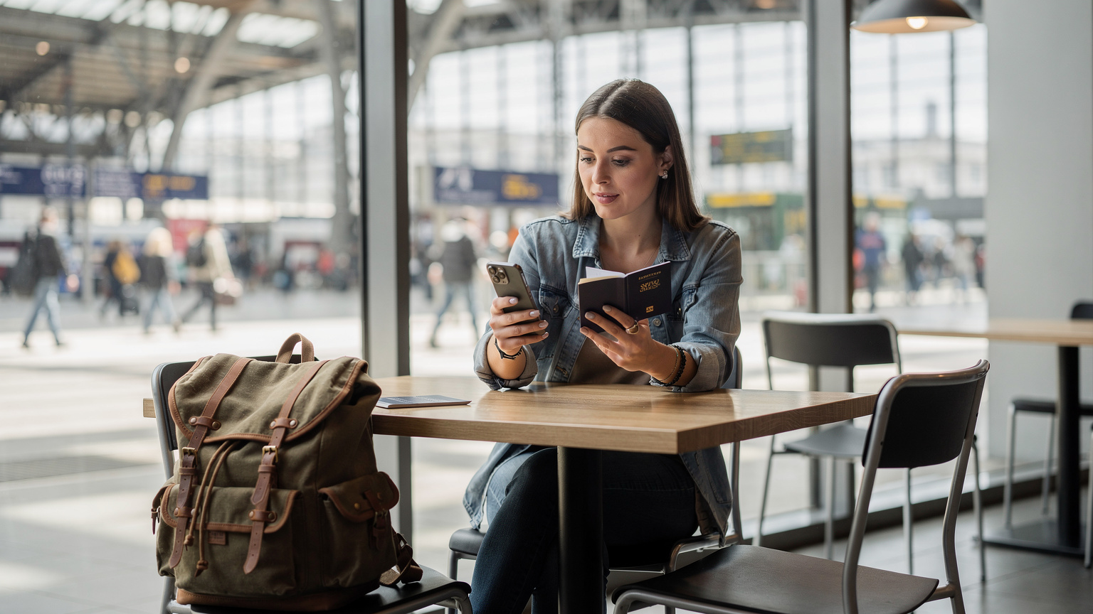 Bir seyahat blog yazarı, pasaportu ve akıllı telefonuyla birlikte Berlin Hauptbahnhof'ta bir kafede oturmuş, yeni eSIM'ini etkinleştirme adımlarını kontrol ediyor.
