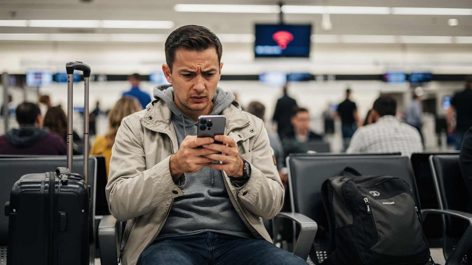 Un viajero frustrado en un aeropuerto de EE. UU., mirando con preocupación la pantalla de su Samsung Galaxy S26, con maletas y una señal de 'no WiFi' borrosa al fondo.